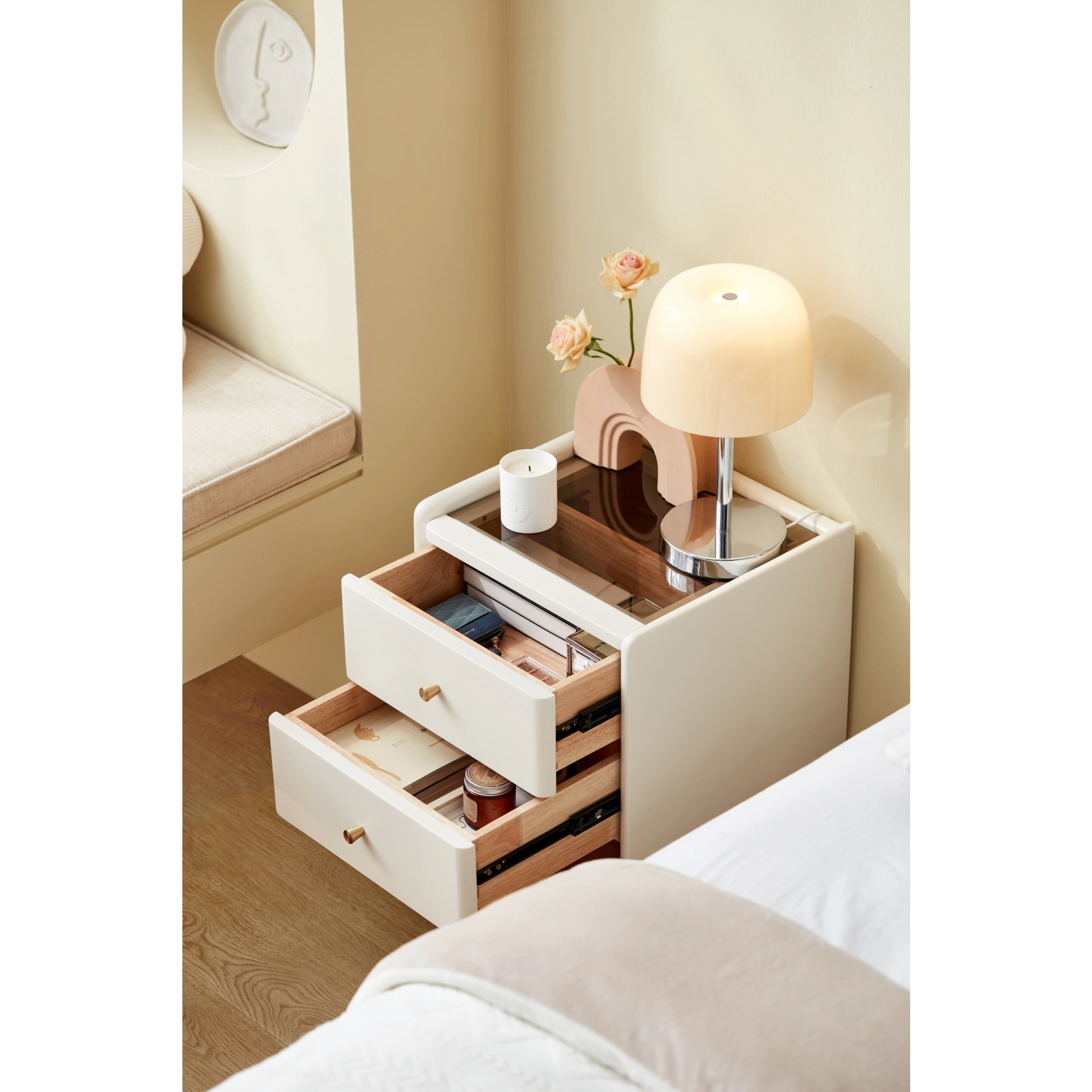 Linspire Ventus Bedside Table with Glass Top, Off-White