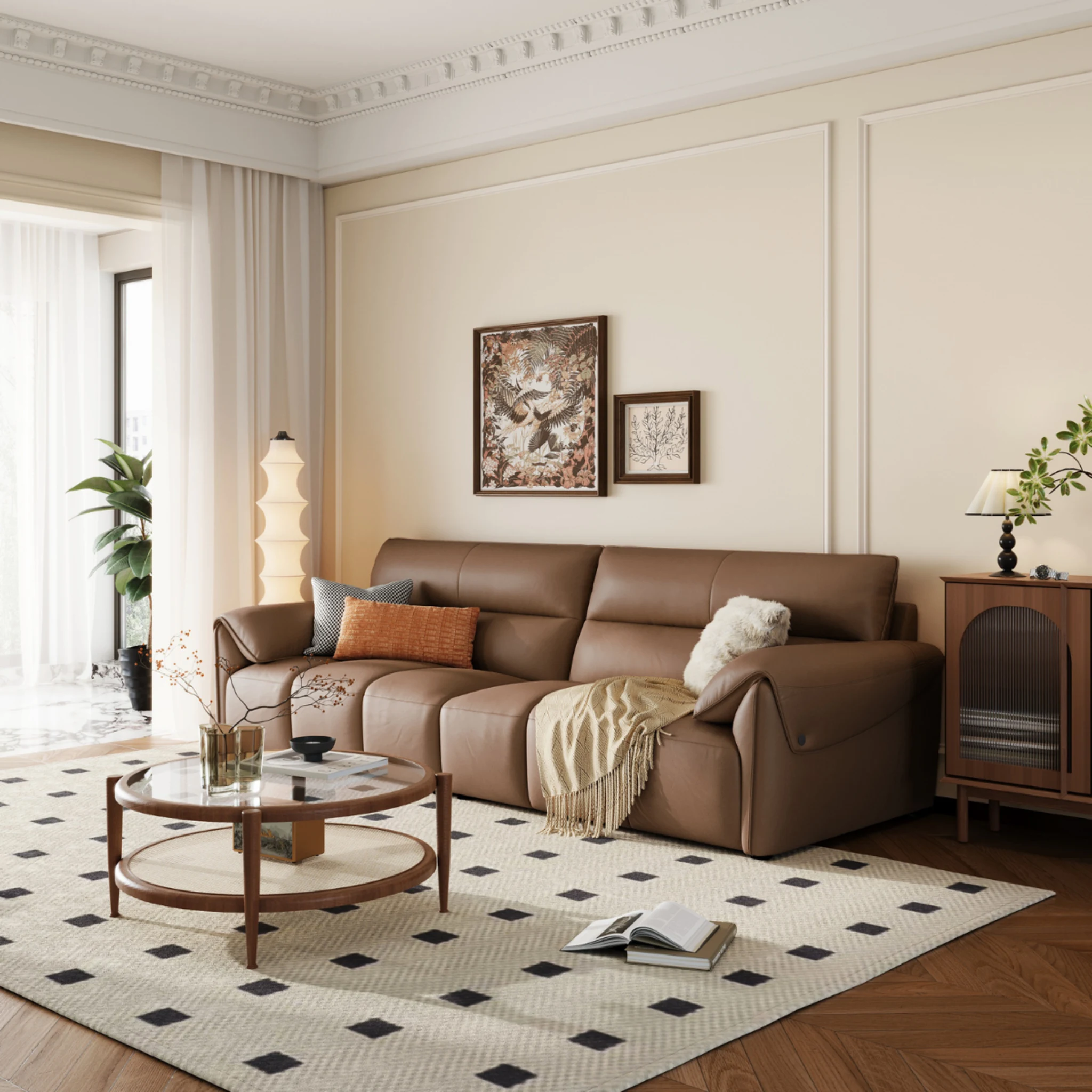 Linspire Plume Leather 4-Seater Sofa, Caramel