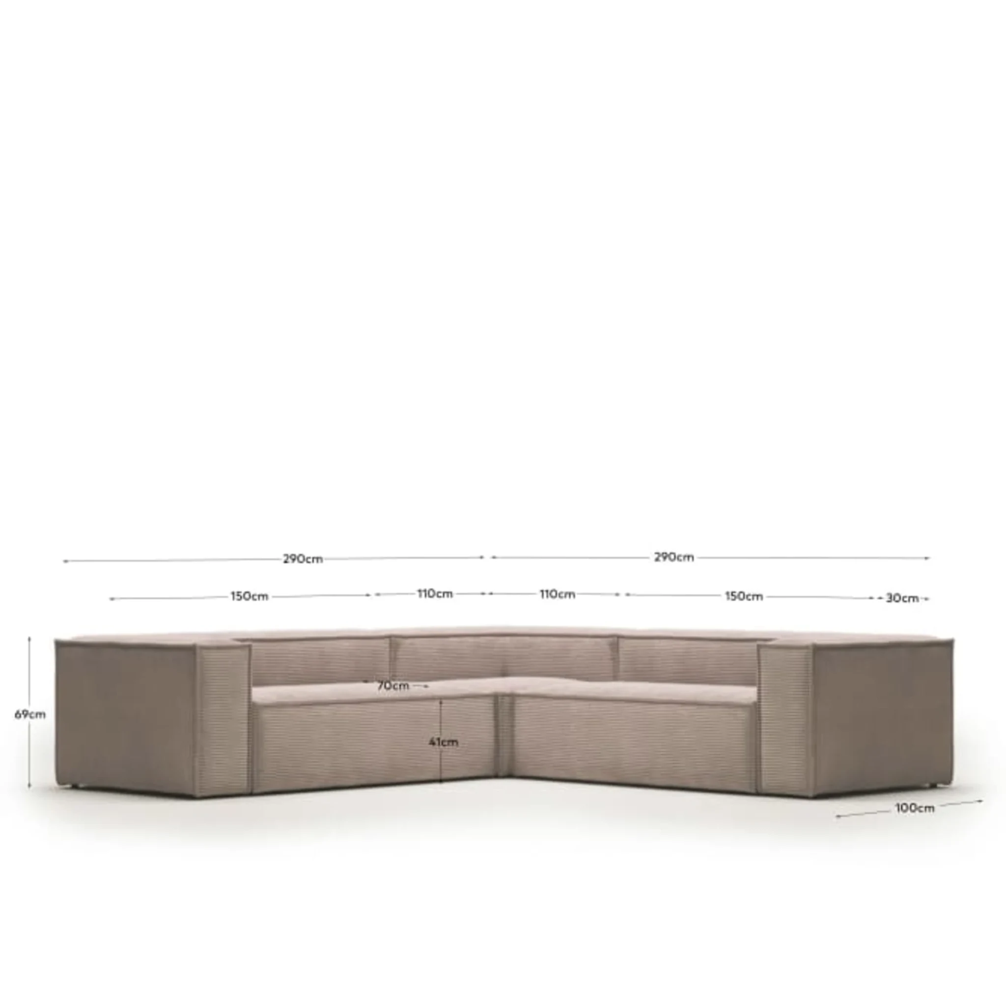 Kave Home Blok 4-Seat Corner Sofa, Corduroy, 290x290cm, Pink