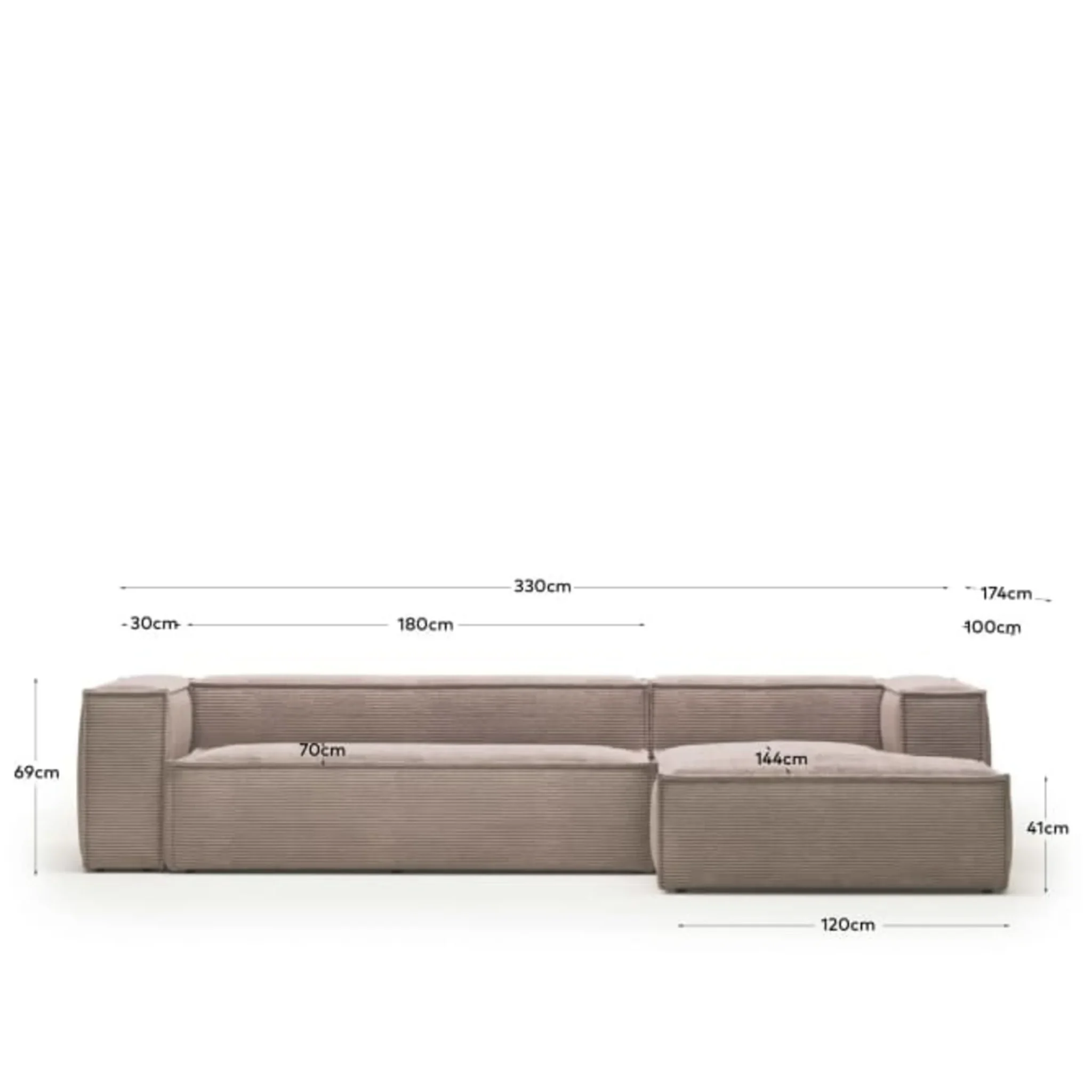 Kave Home Blok 4-Seat Modular Sofa with Right Chaise, Corduroy, Pink
