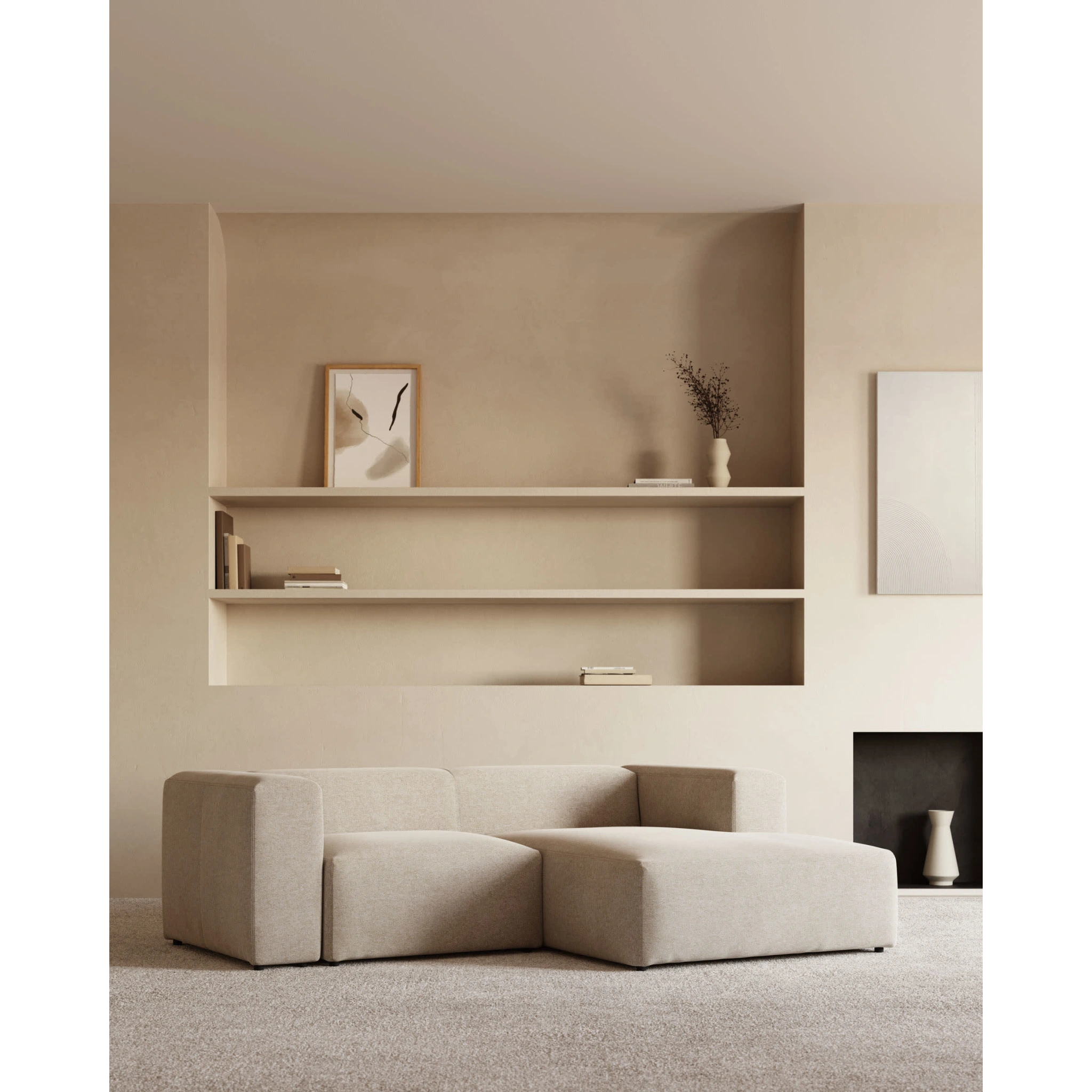 Kave Home Blok 2-Seat Modular Sofa with Right Chaise, Beige