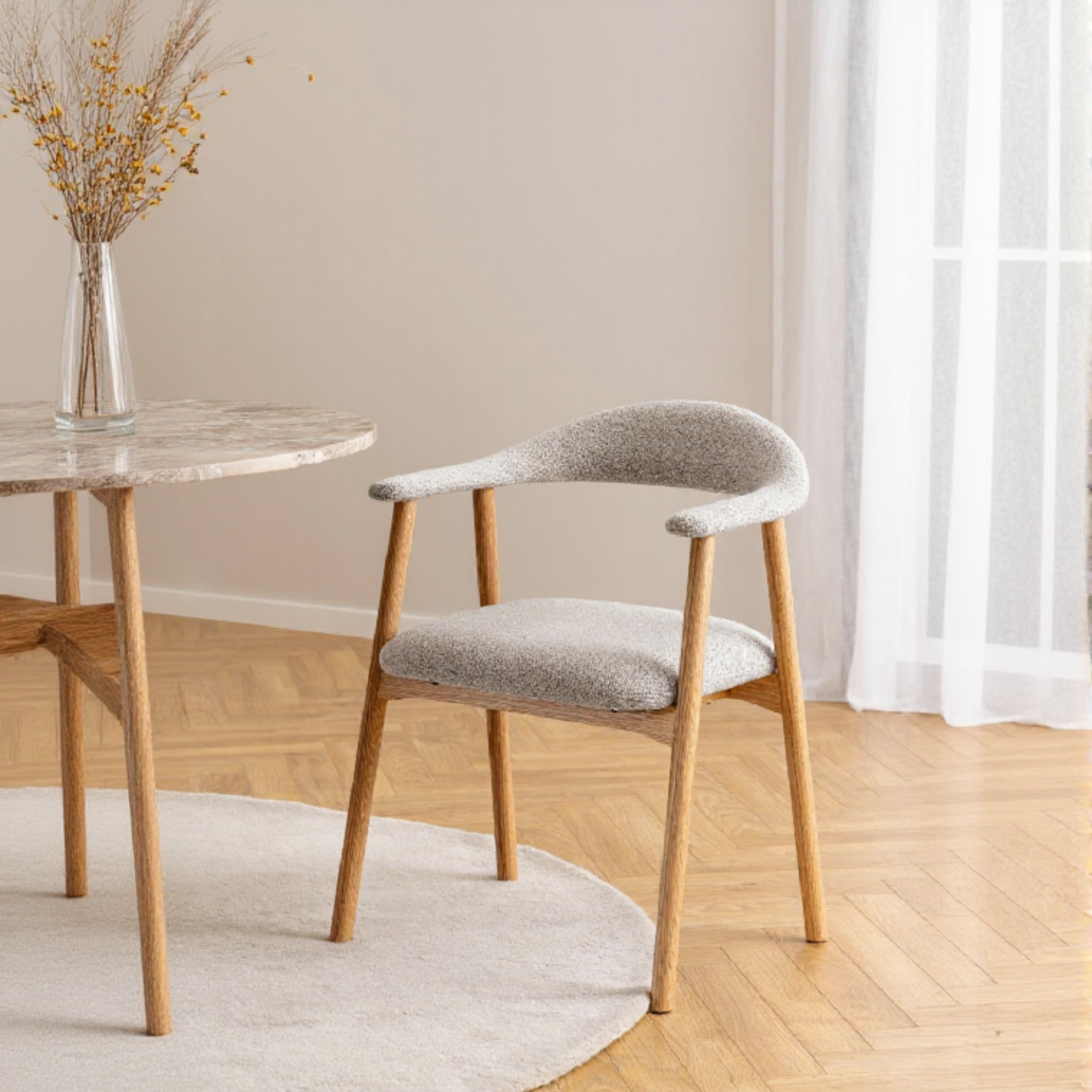 Hjem Design Addi Boucle Dining Chair with Armrest, Set of 2