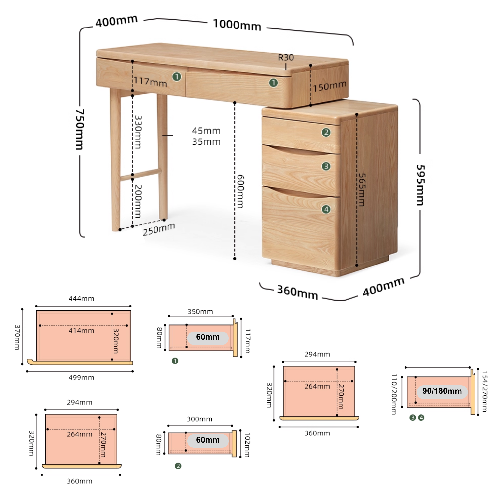 Solidwood Radiant Extendable Dressing Table, Ash, 125cm