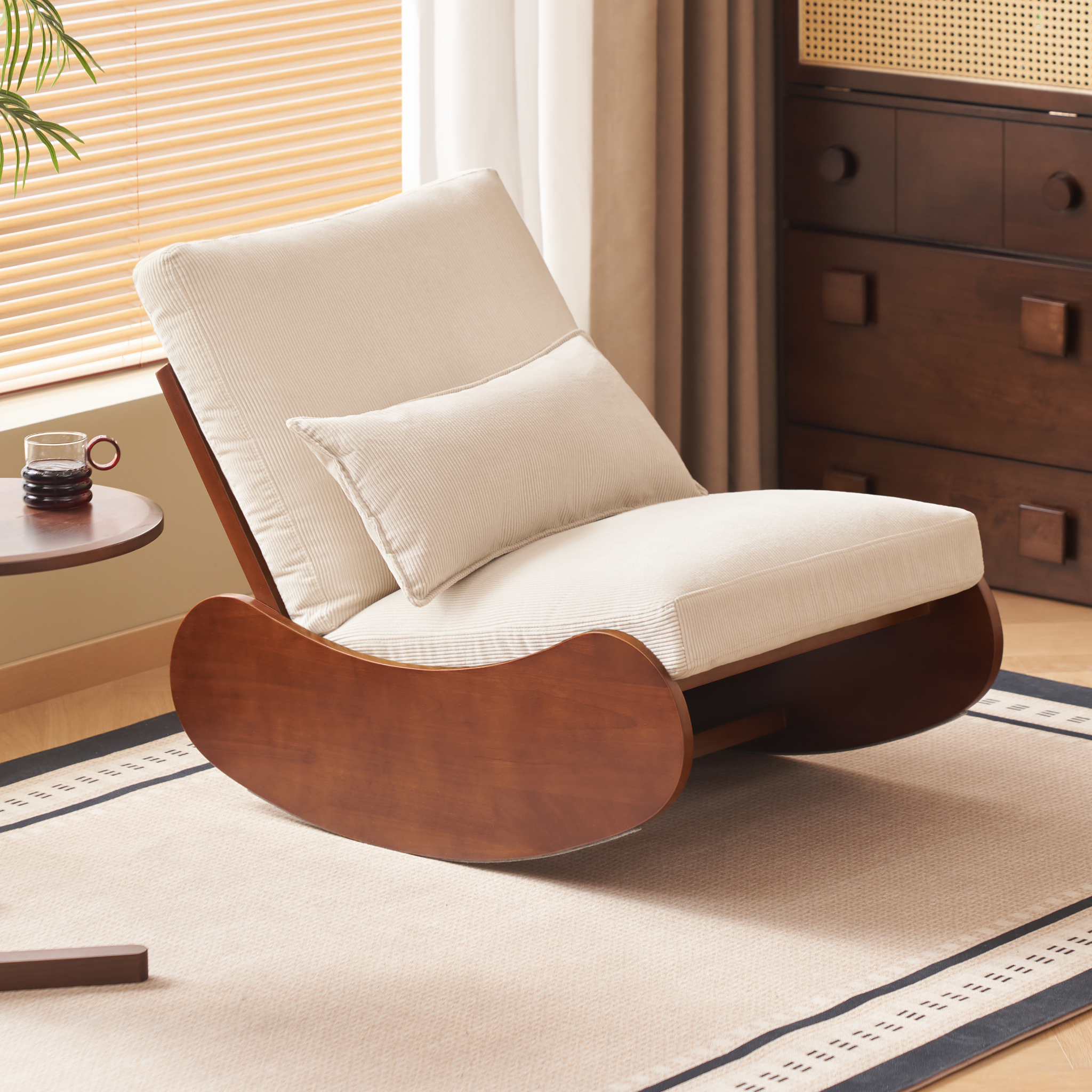 Solidwood Bluro Armless Corduroy Rocking Chair, Neutral White