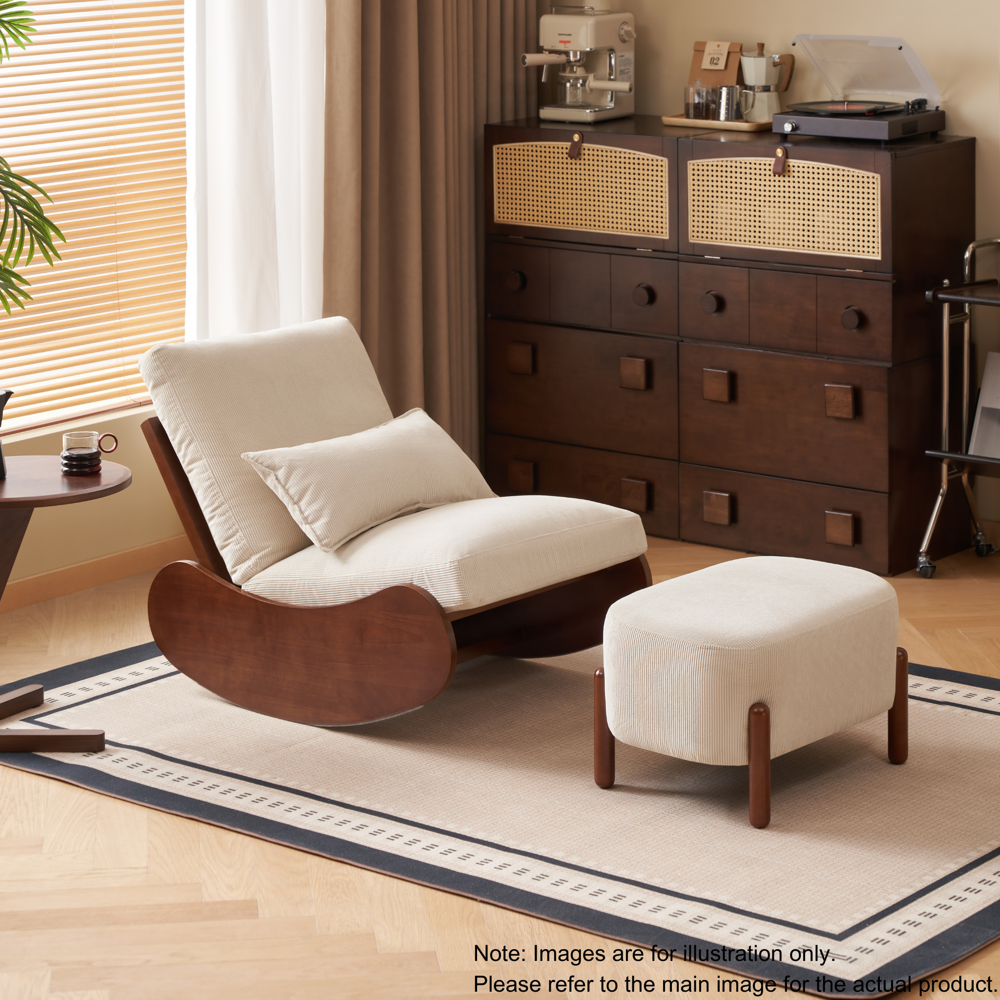 Solidwood Bluro Corduroy Rocking Chair and Ottoman Set, Neutral White