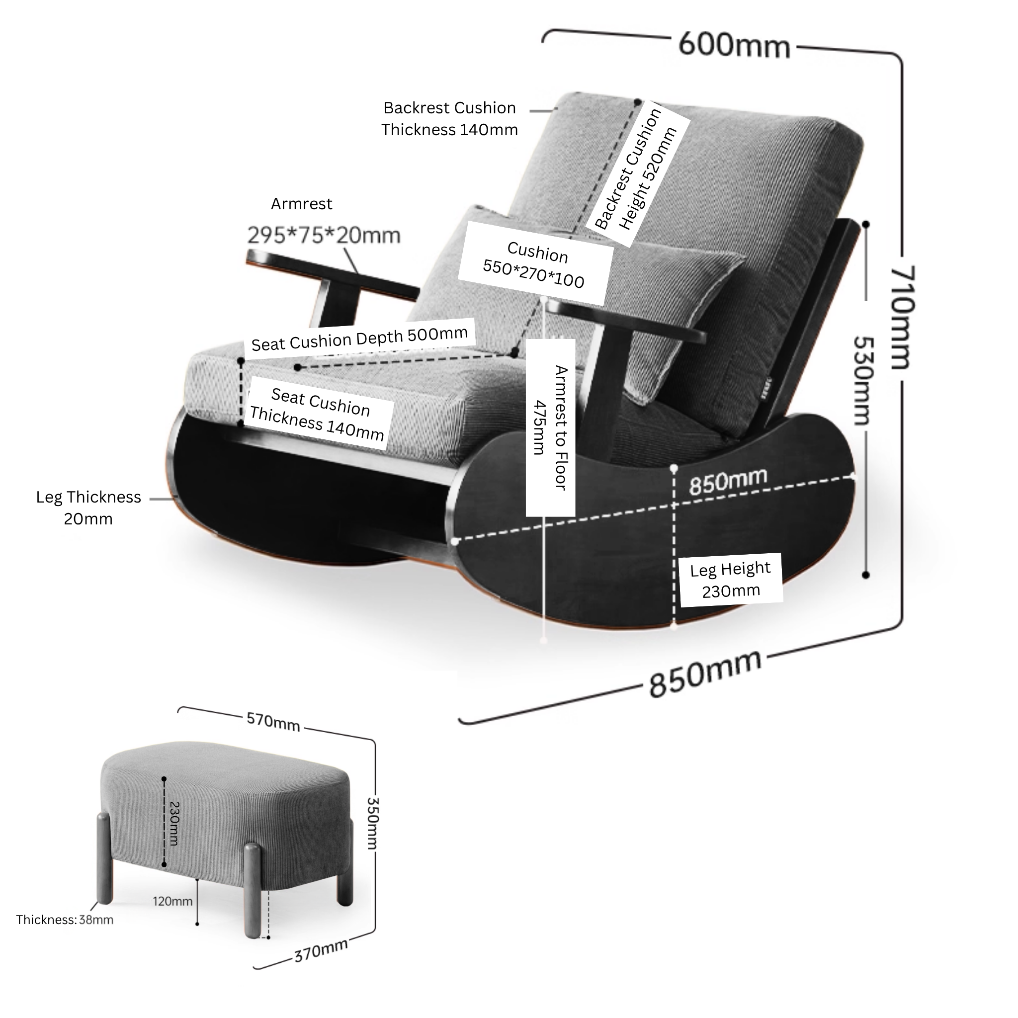 Solidwood Bluro Armless Corduroy Rocking Chair and Ottoman Set, Green