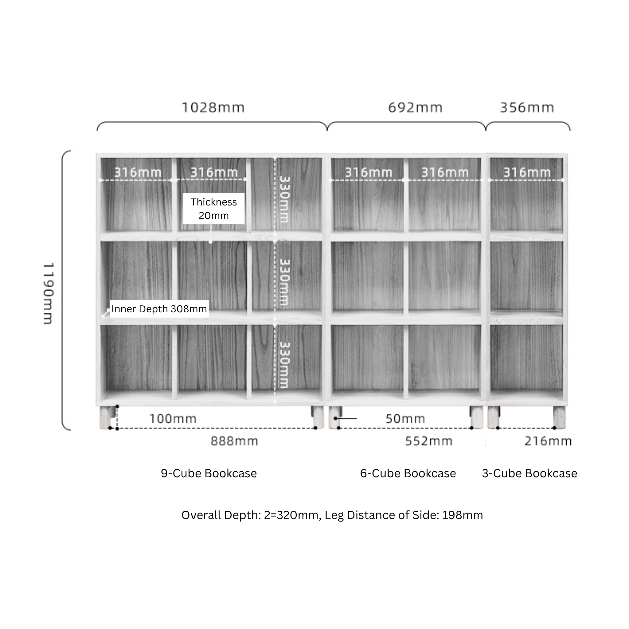 Solidwood Gleam 3-Cube Bookcase, Walnut Oak