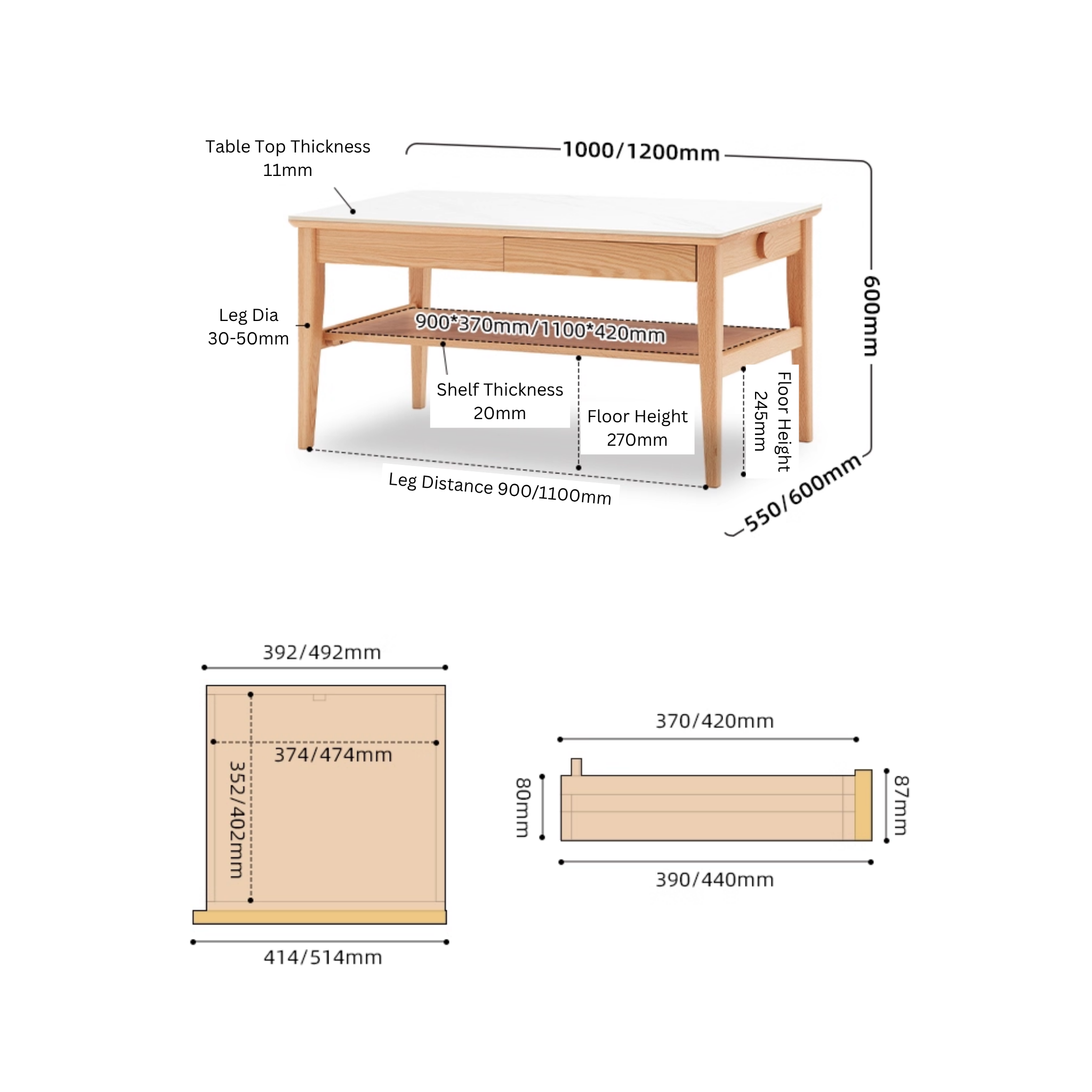 Solidwood Hemura Coffee Table with Sintered Stone Top, 100cm