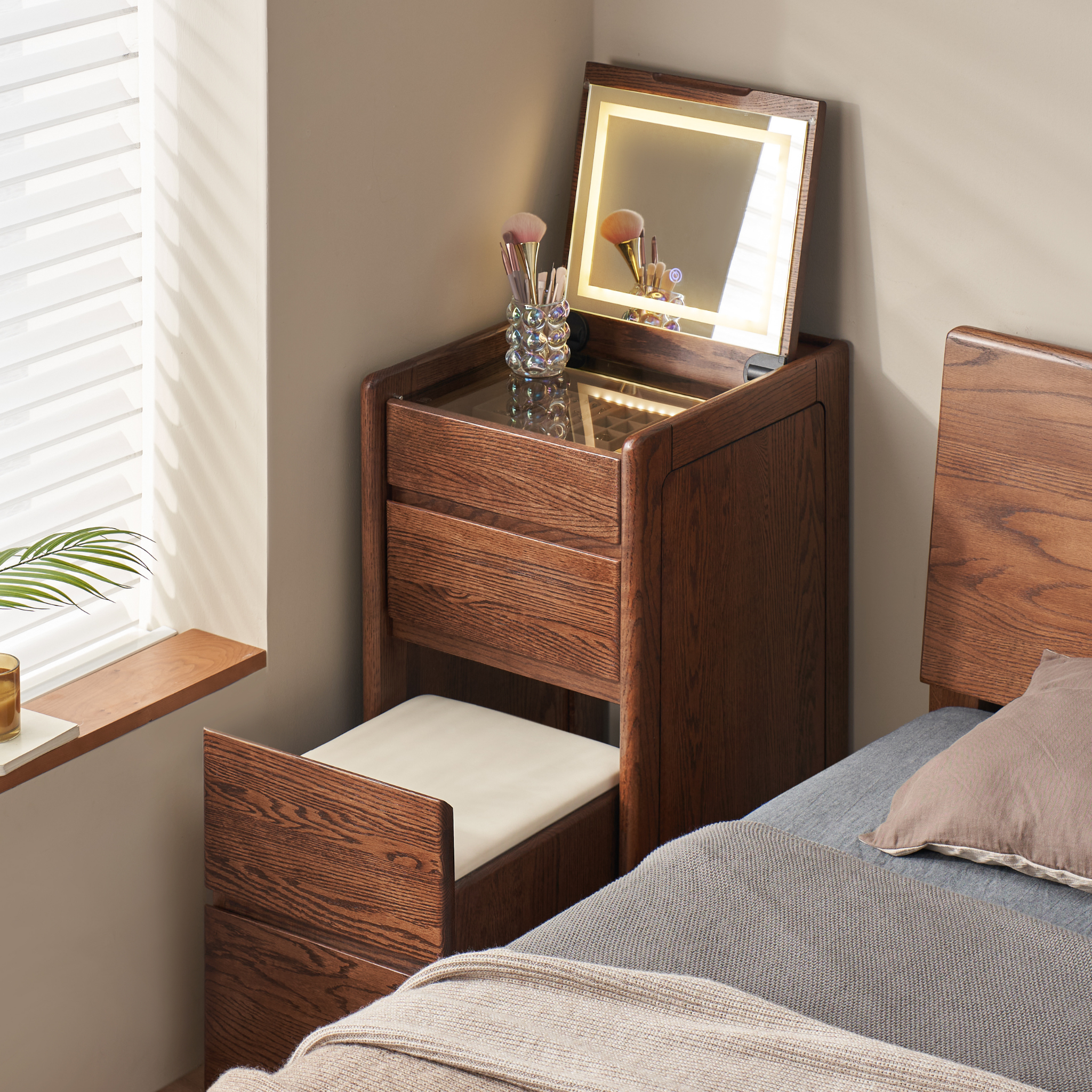 Solidwood Radiant Dressing Table and Stool Set with Flip Mirror, Walnut Oak