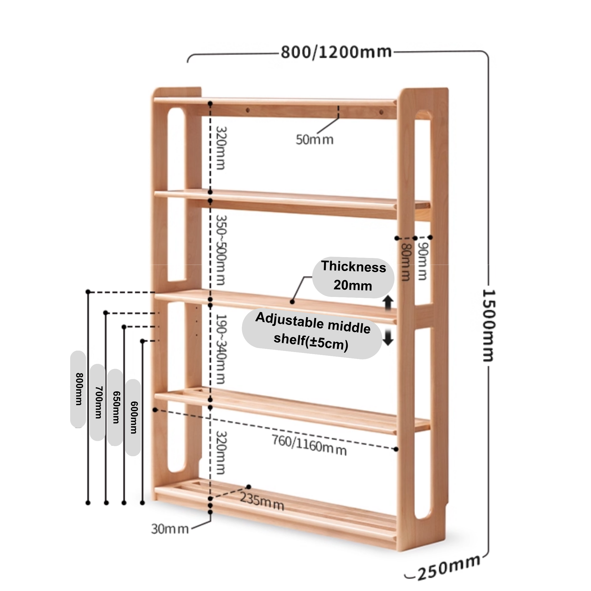 Solidwood Milo Kids 5-Tier Bookshelf, Premium Birch, W120cm