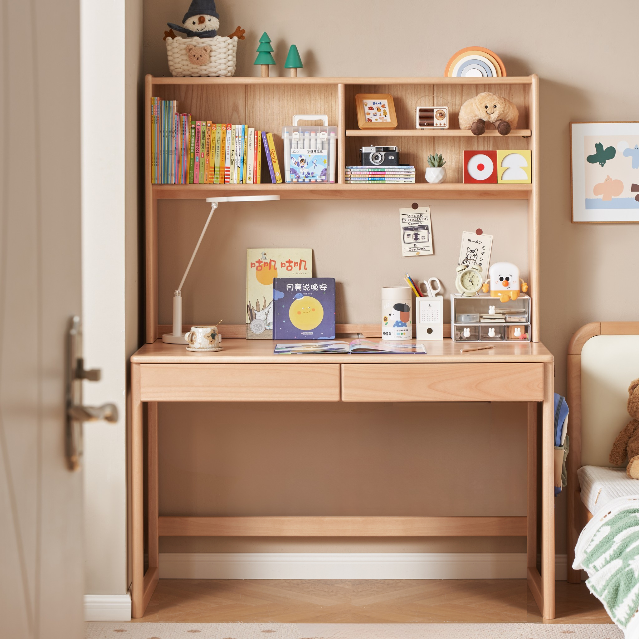 Solidwood Milo Kids Desk with Tall Hutch, Premium Birch