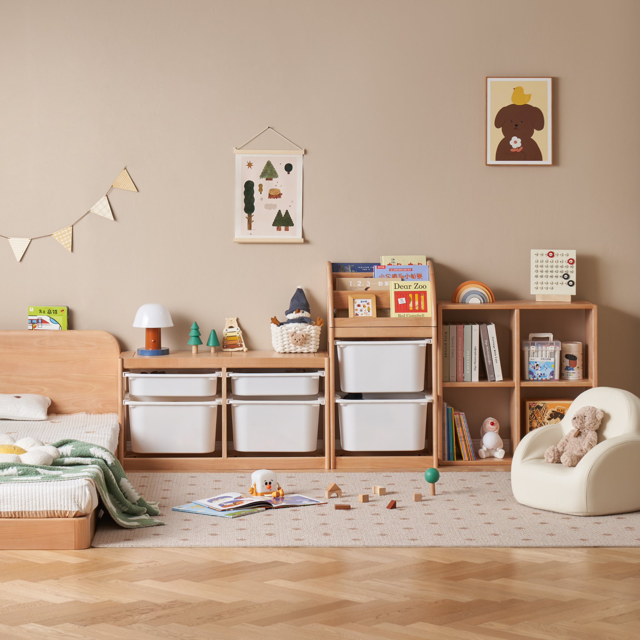 Solidwood Milo Kids Toy Storage Module with 2 Boxes, Premium Birch