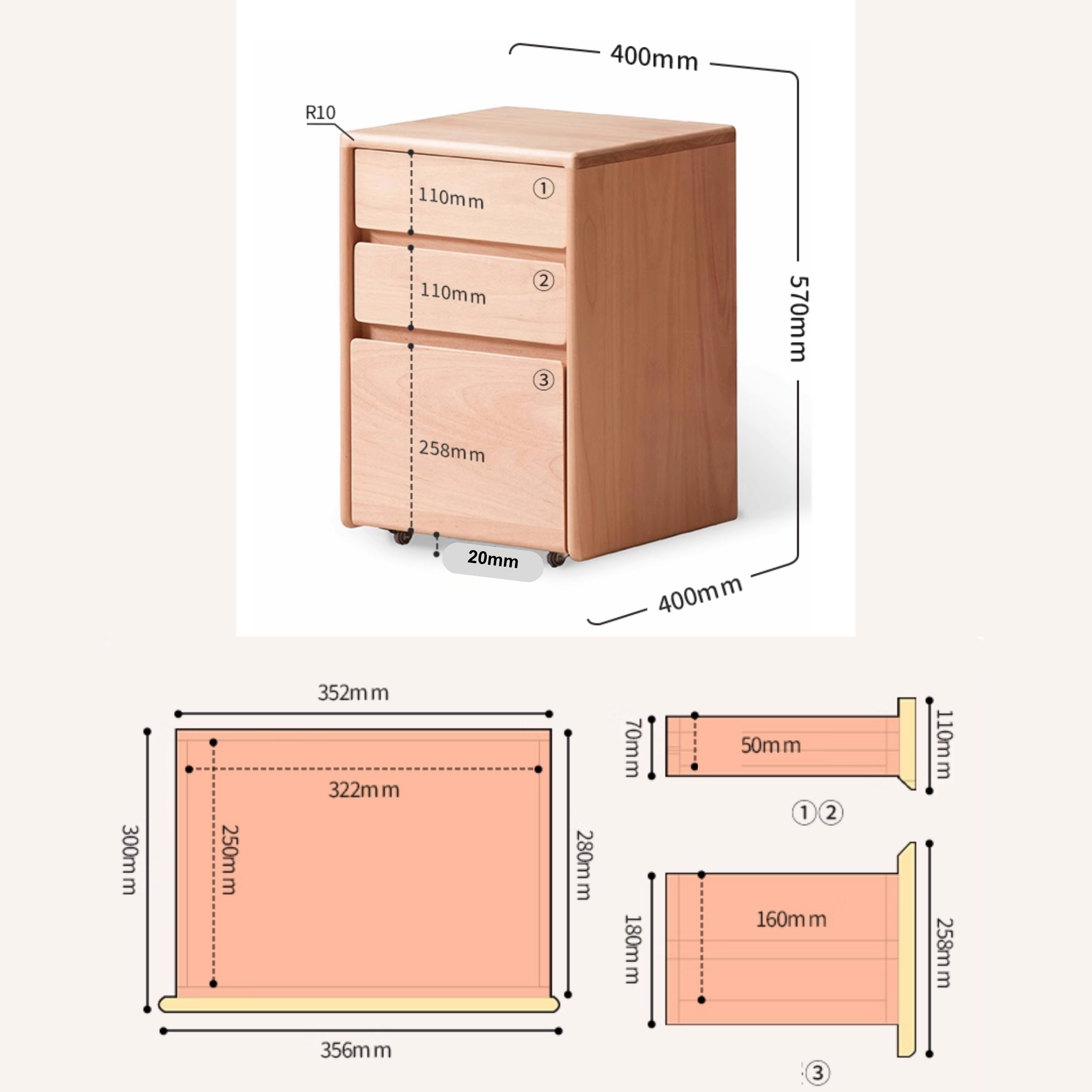Solidwood Milo Kids Chest of 3 Drawers on Castors, Premium Birch