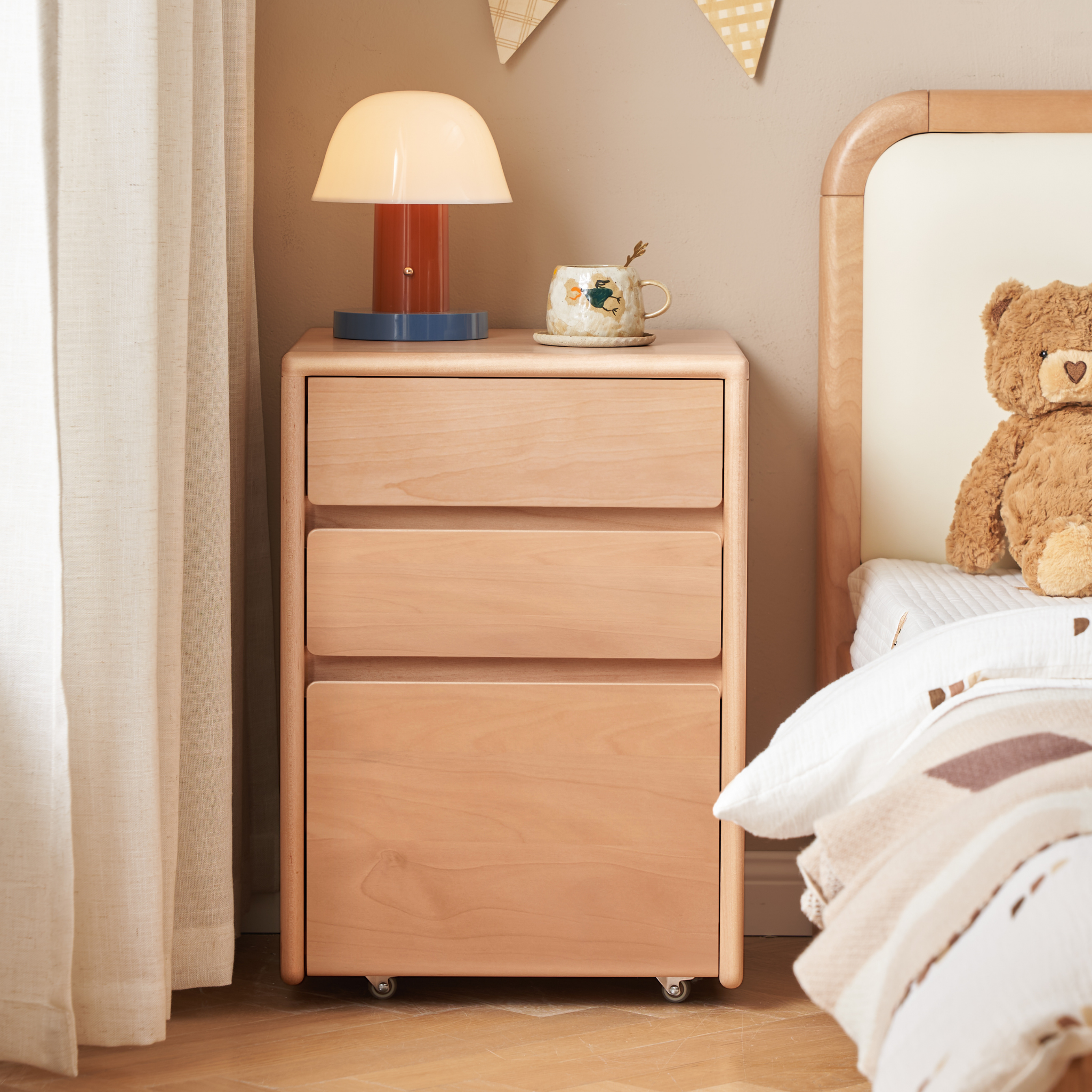 Solidwood Milo Kids Chest of 3 Drawers on Castors, Premium Birch
