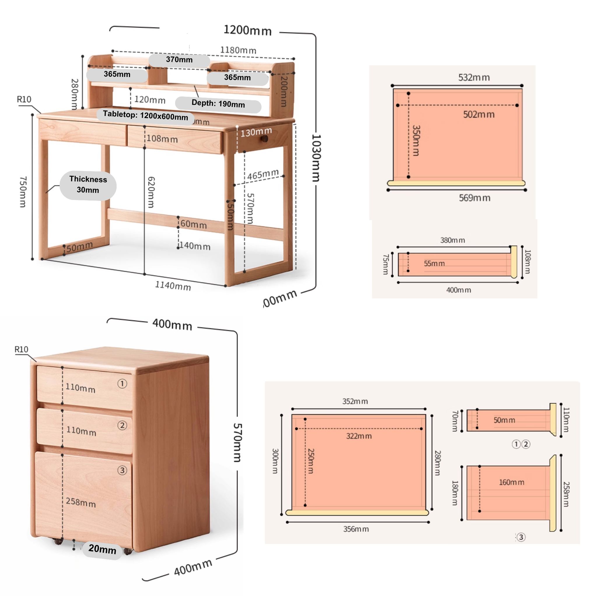 Solidwood Milo Kids Desk with Low Hutch and Chest of 3 Drawers Set, Premium Birch