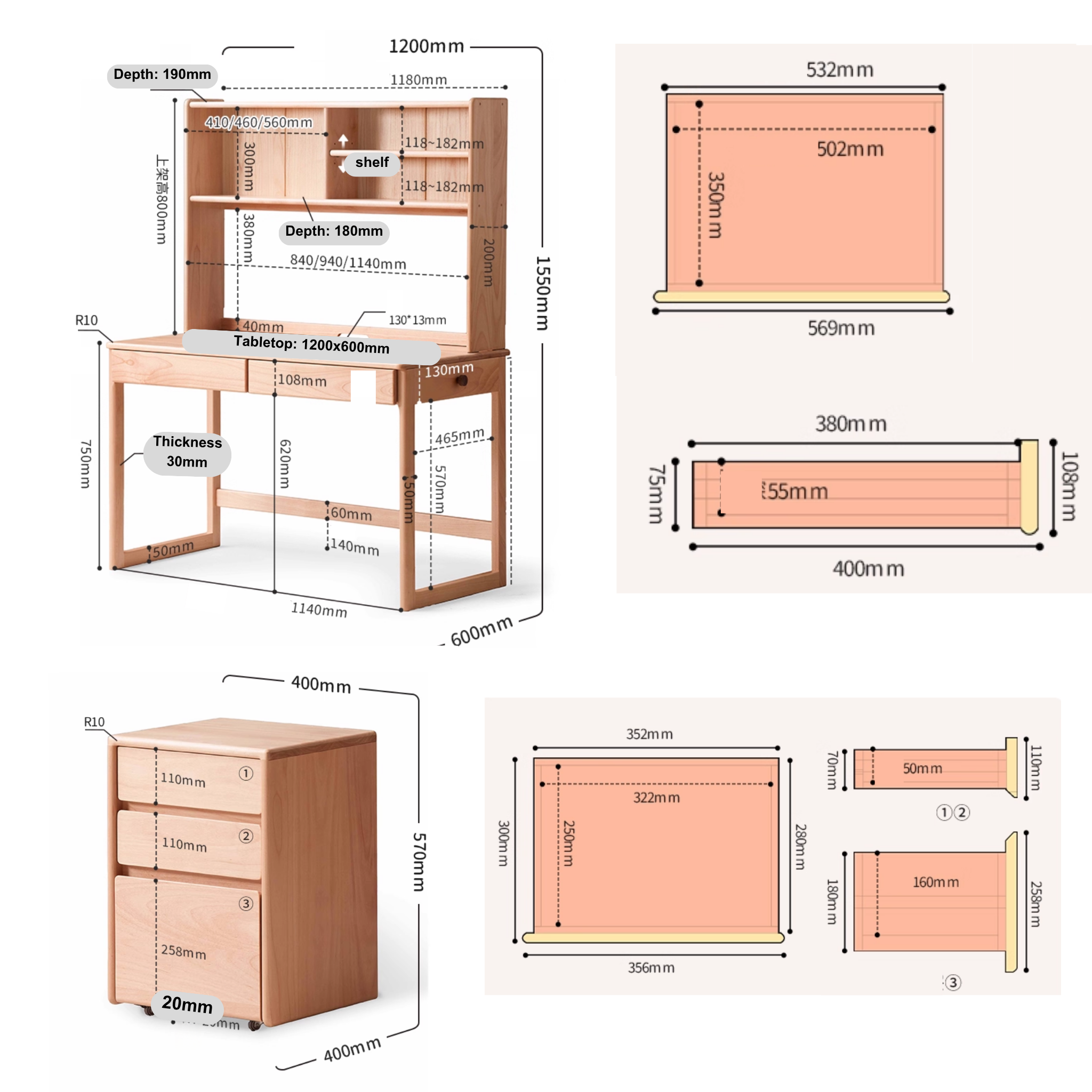 Solidwood Milo Kids Desk with Tall Hutch and Chest of 3 Drawers Set, Premium Birch