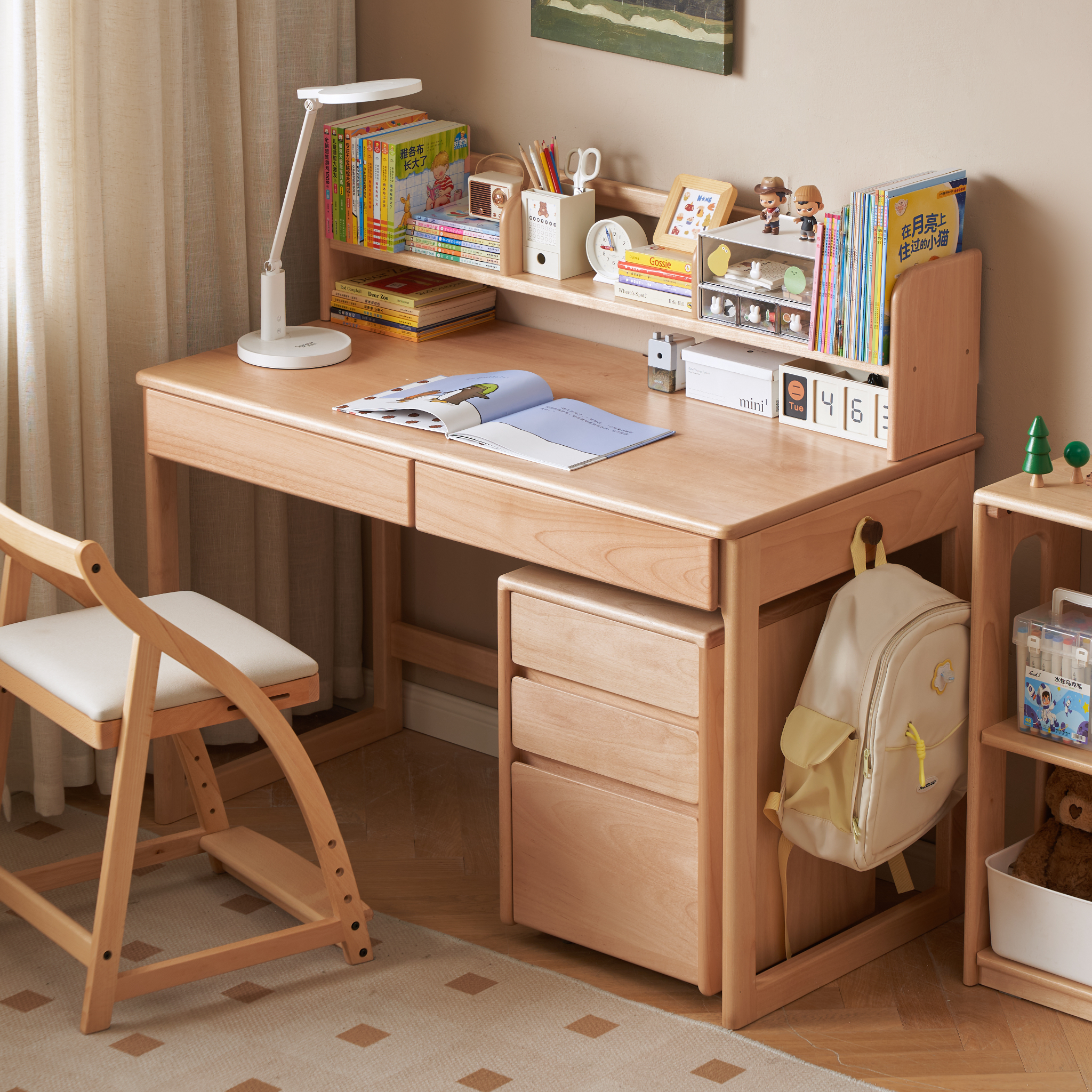 Solidwood Milo Kids Desk with Low Hutch and Chest of 3 Drawers Set, Premium Birch