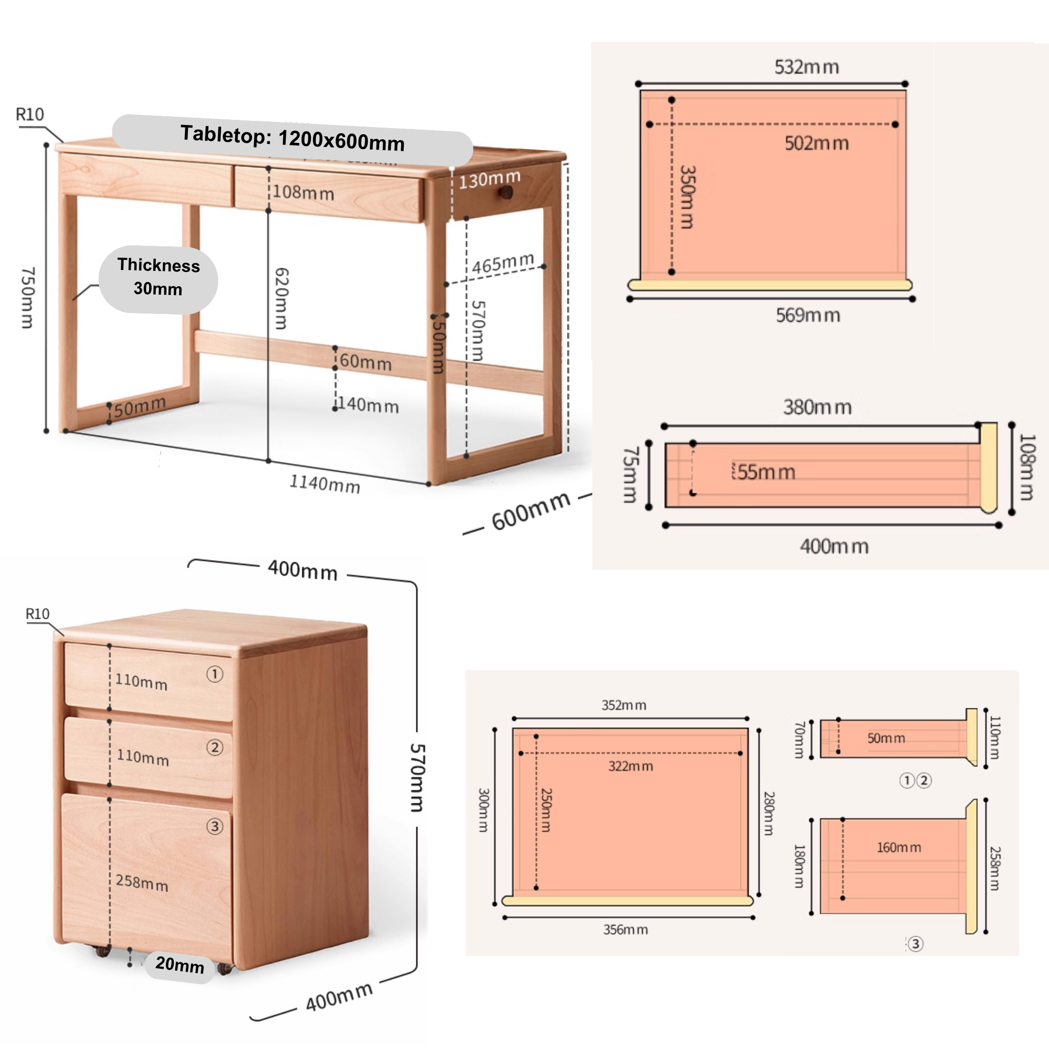 Solidwood Milo Kids Desk and Chest of 3 Drawers Set, Premium Birch