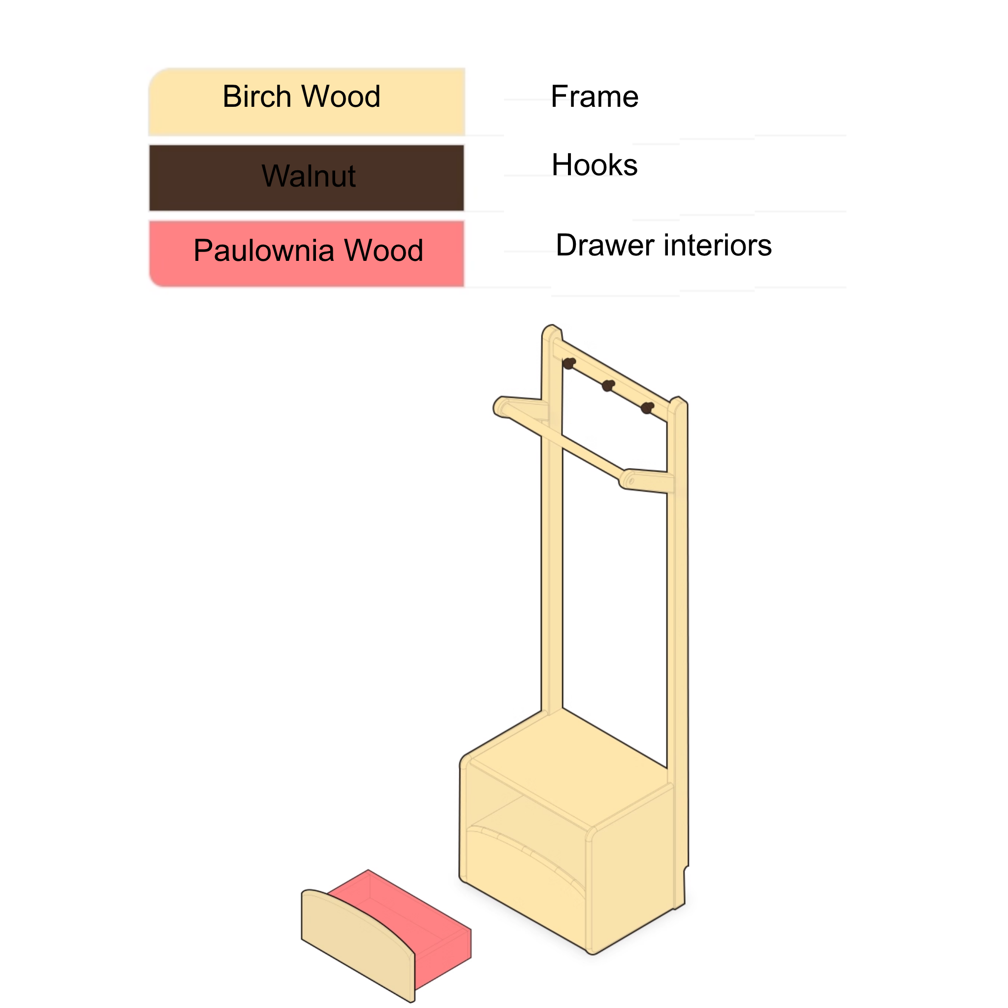 Solidwood Milo Kids Bedside Table with Clothes Rack, Premium Birch