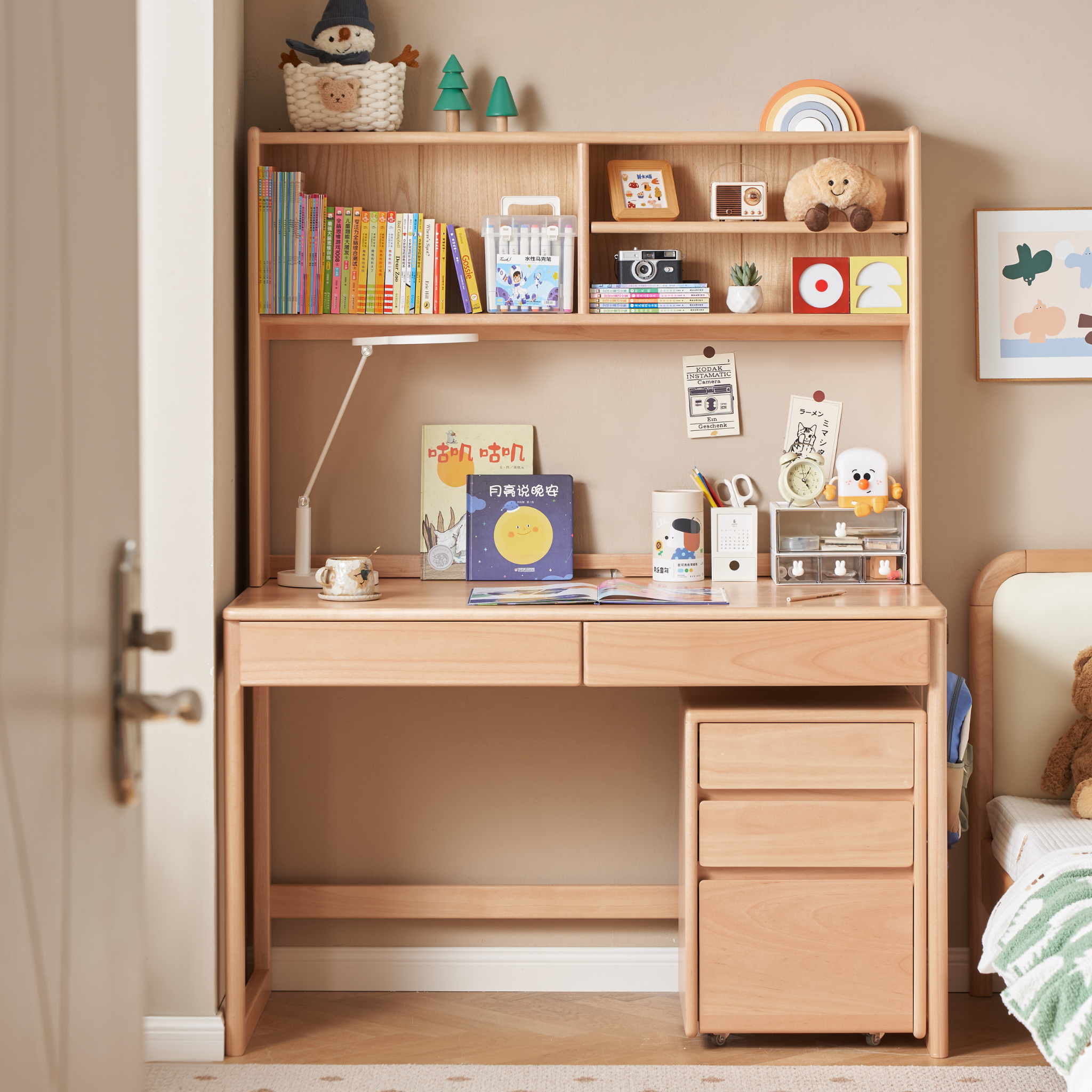 Solidwood Milo Kids Desk with Tall Hutch and Chest of 3 Drawers Set, Premium Birch