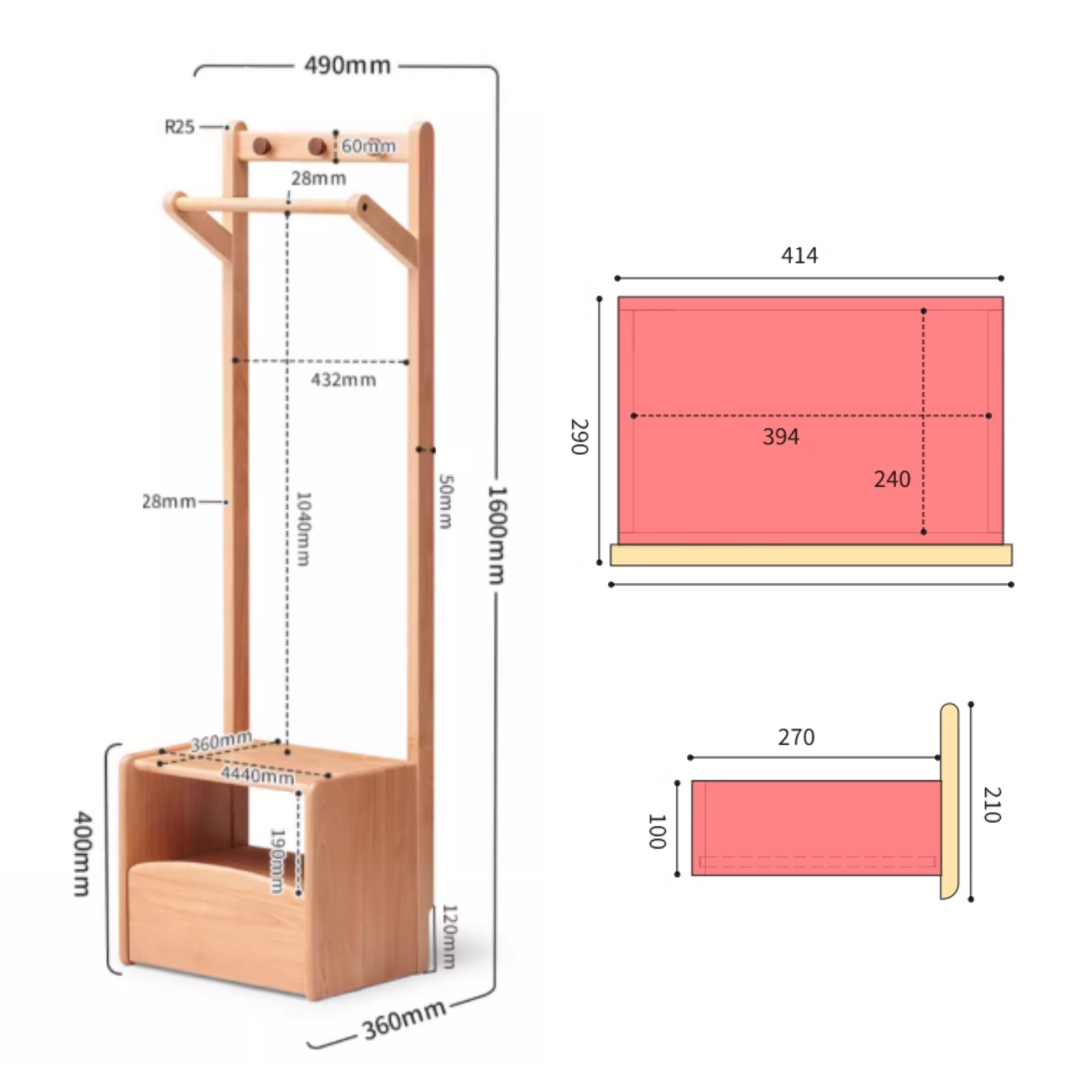 Solidwood Milo Kids Bedside Table with Clothes Rack, Premium Birch