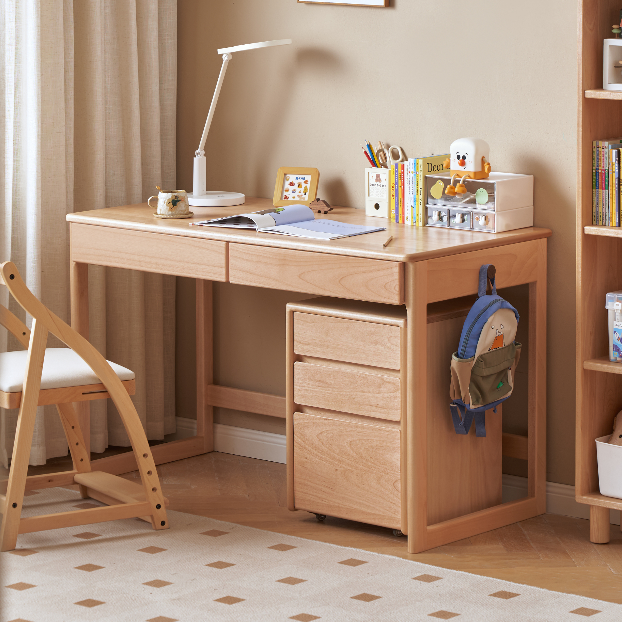 Solidwood Milo Kids Desk and Chest of 3 Drawers Set, Premium Birch