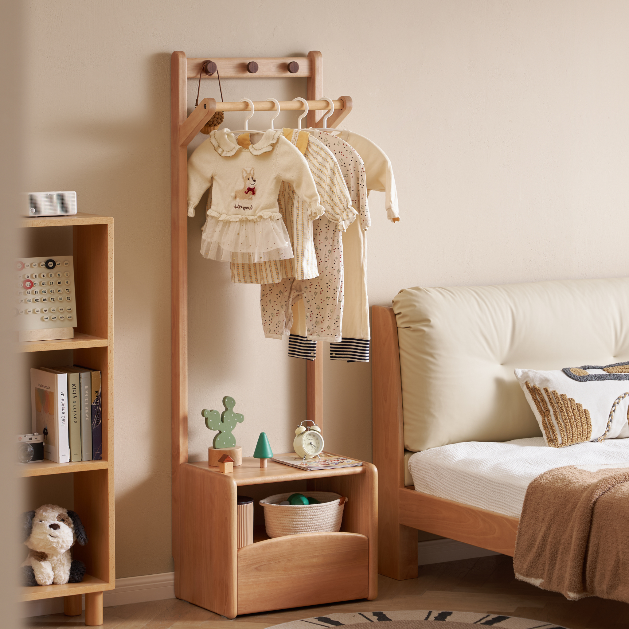 Solidwood Milo Kids Bedside Table with Clothes Rack, Premium Birch