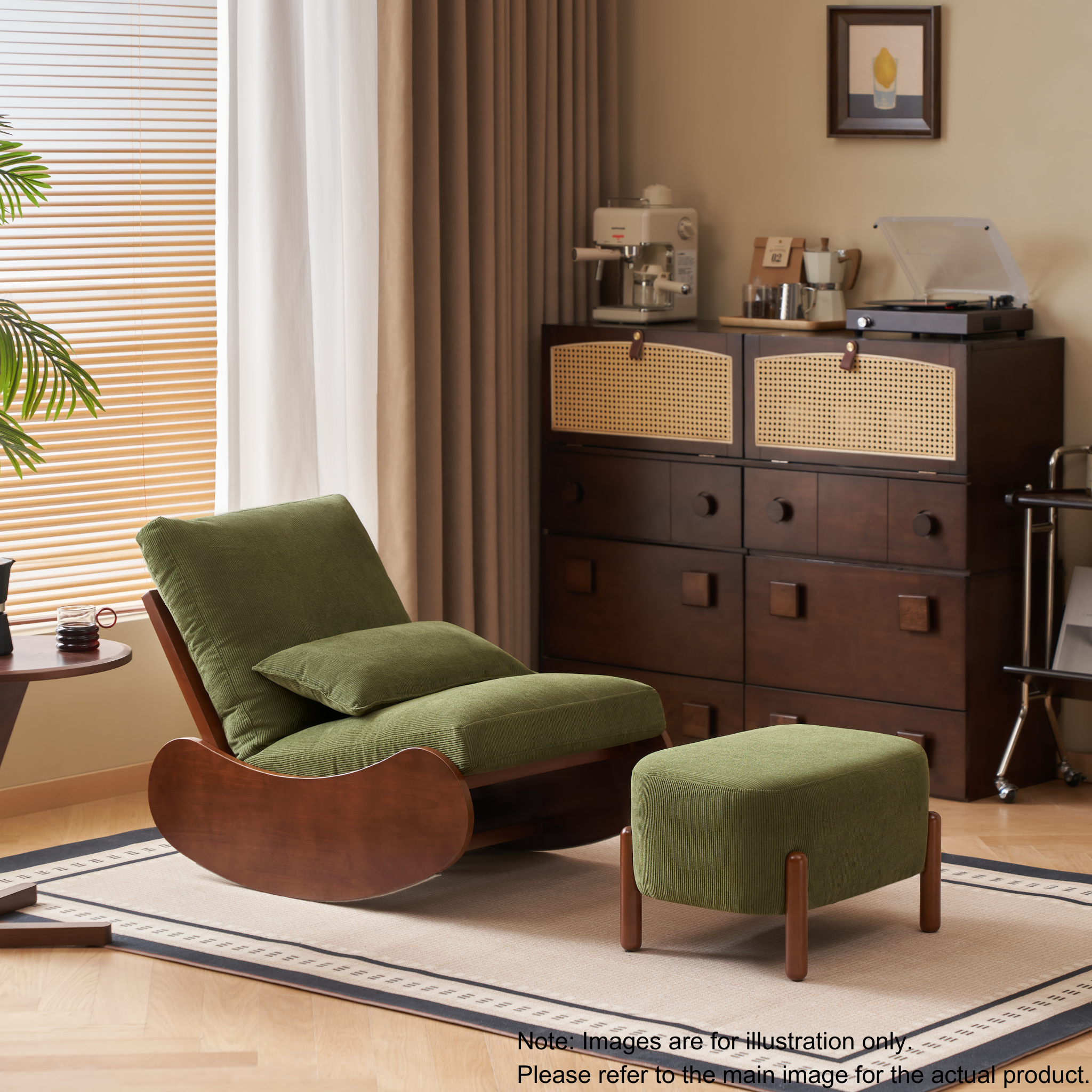 Solidwood Bluro Corduroy Rocking Chair and Ottoman Set, Green