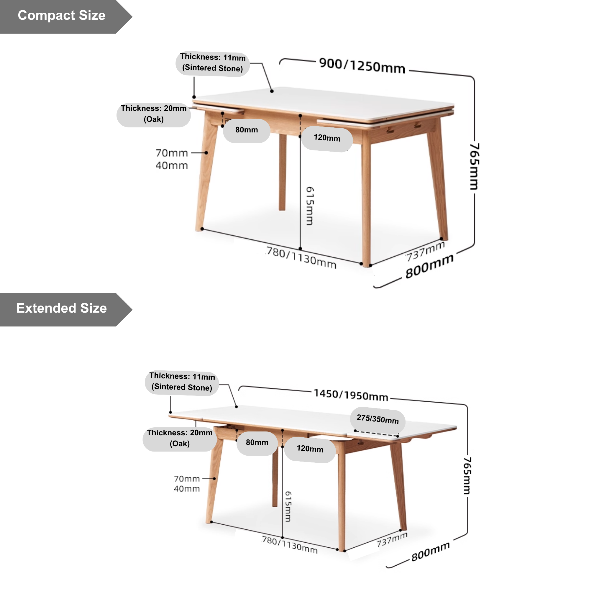 Solidwood Hemura Extendable Dining Table wIth Sintered Stone Top, 145cm