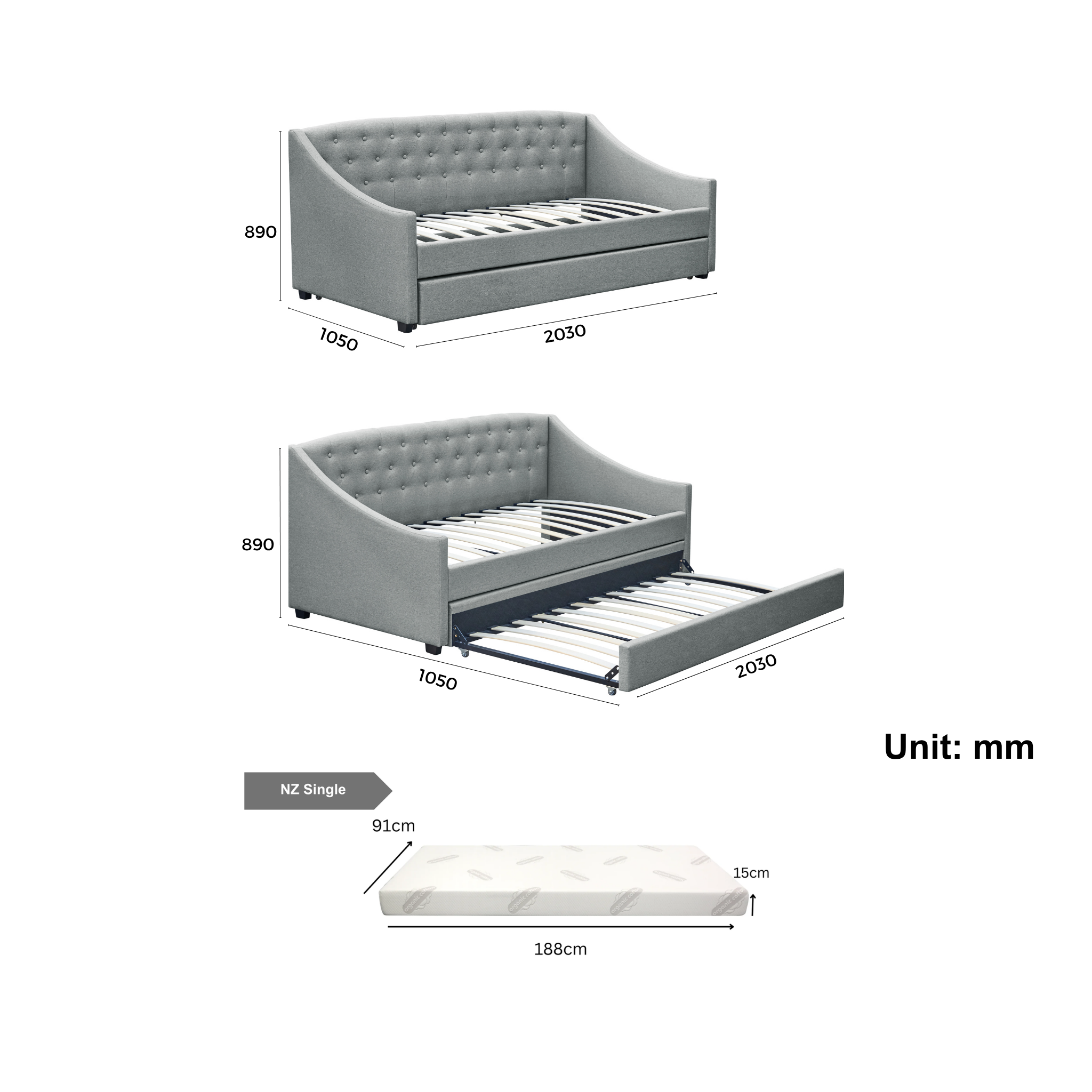 MODE Trina Fabric Trundle Daybed with 2 Mattress Set, NZ Single