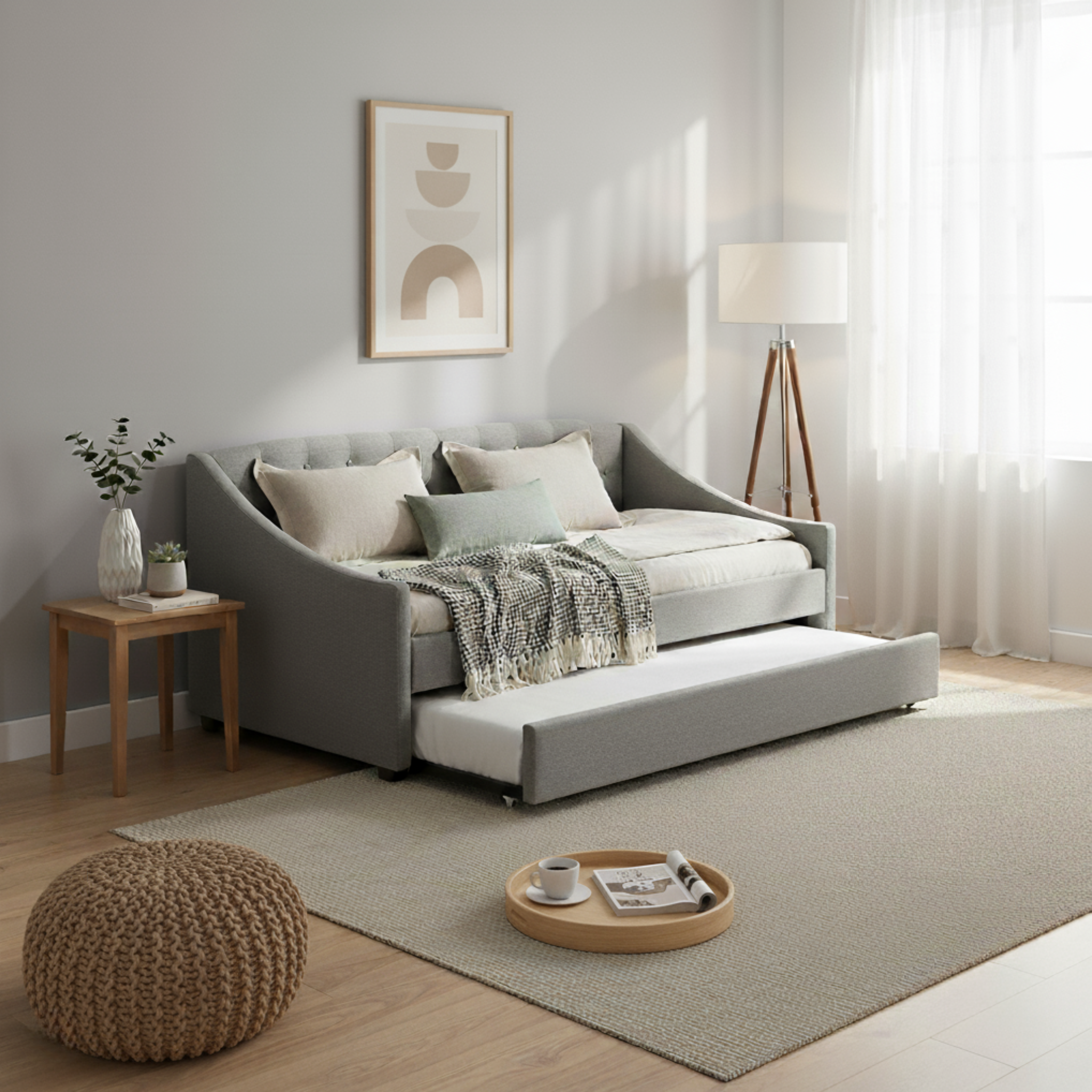 MODE Trina Fabric Trundle Daybed with 2 Mattress Set, NZ Single