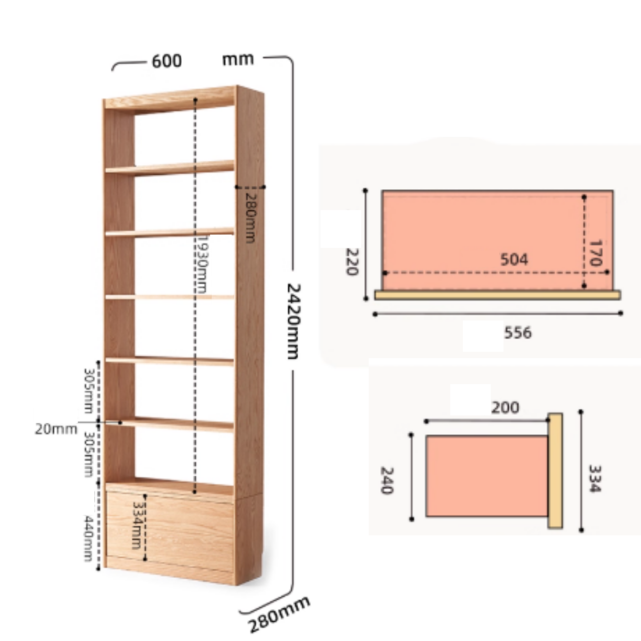 Solidwood Hemura Shelving Unit Module with 1 Drawer, Oak, 60cm