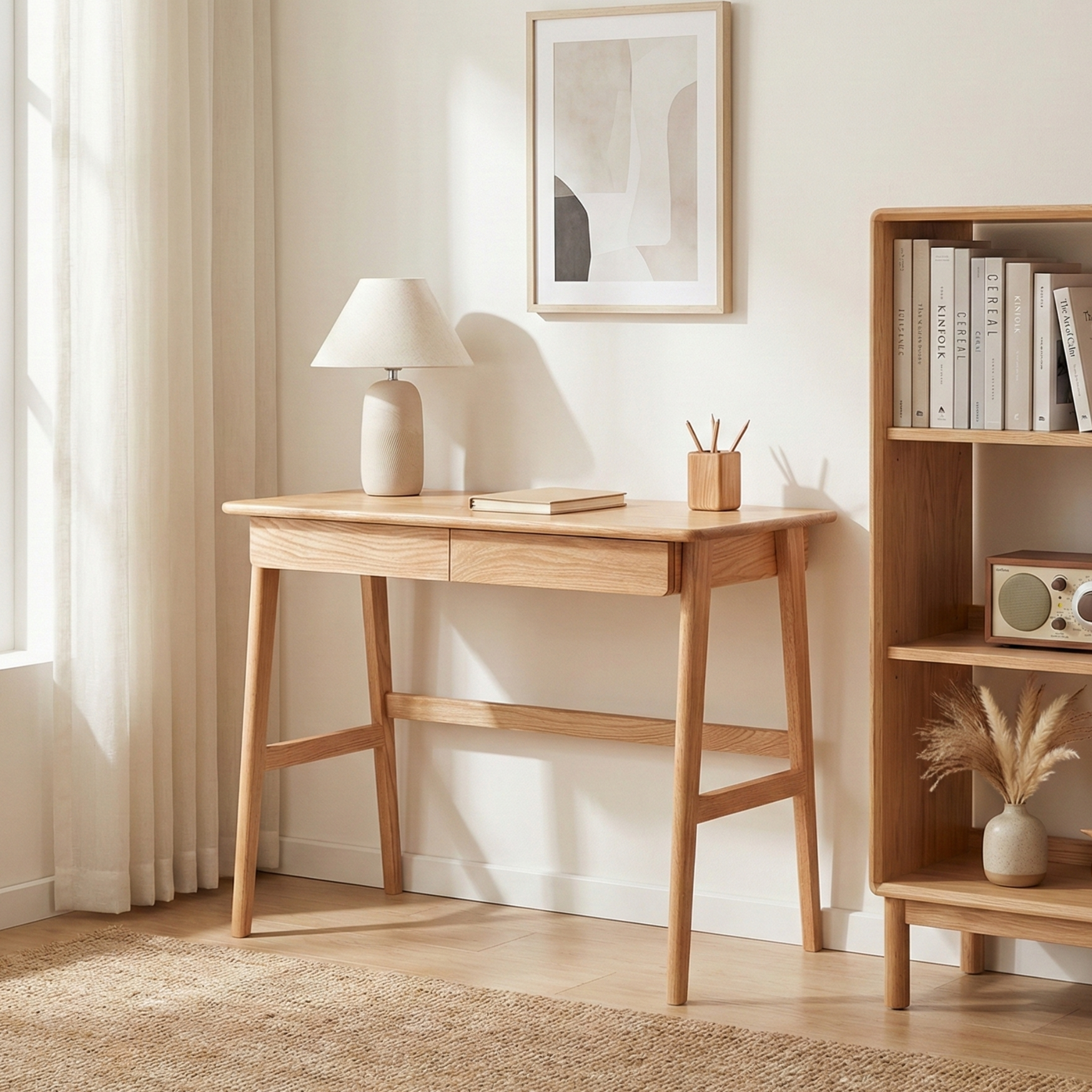 Solidwood Hemura Office Desk with 2 Drawers, Oak, 100cm