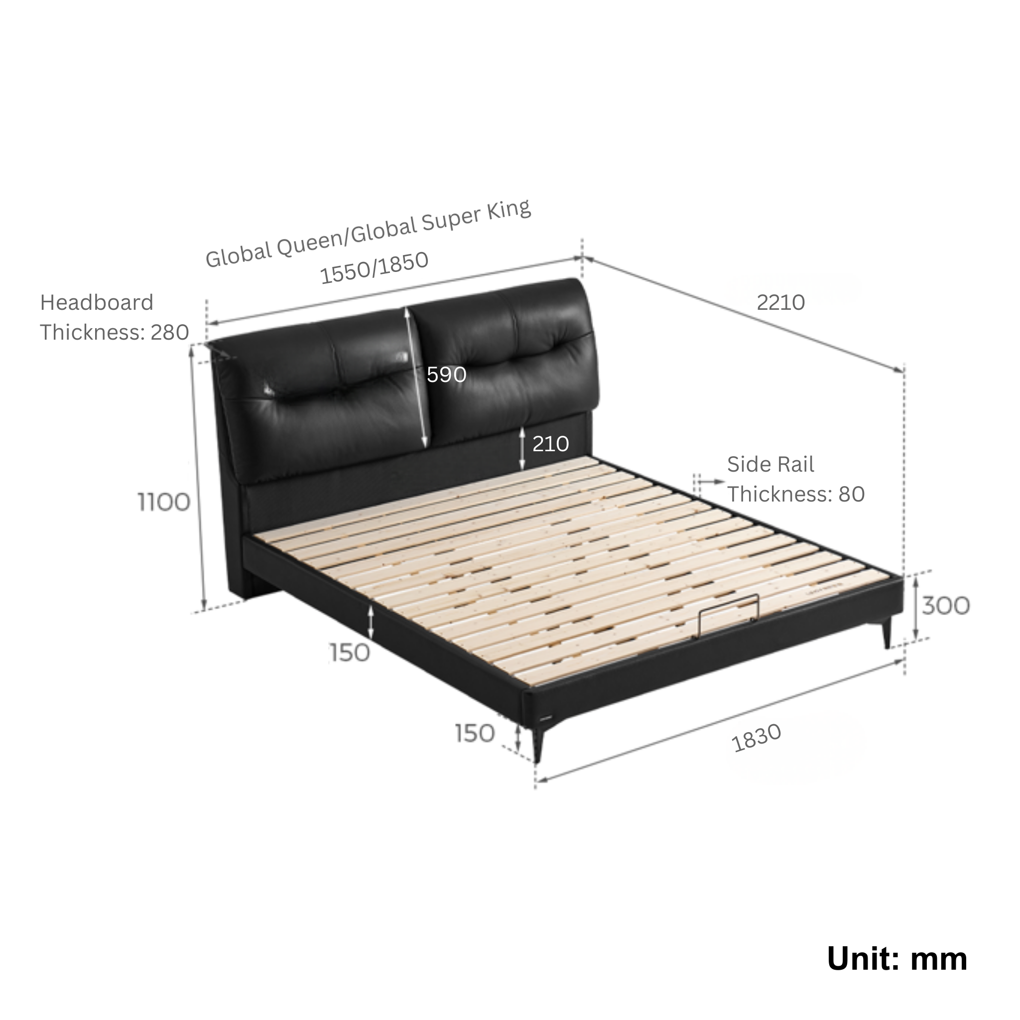 Linspire Radius Leather Dual-Cushion Headboard Global Queen Bed Frame