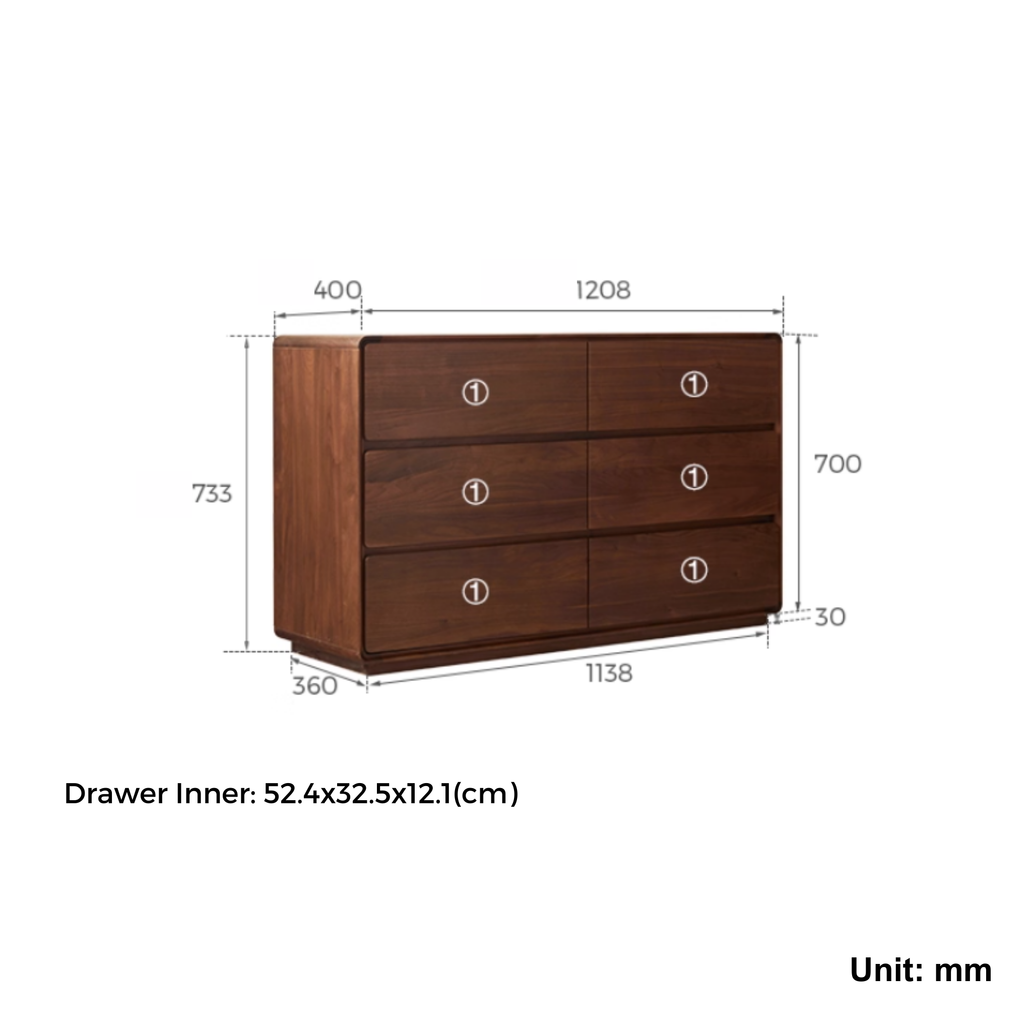 Linspire Vista Solid Wood Chest of 6 Drawers with Glass Top, American Black Walnut