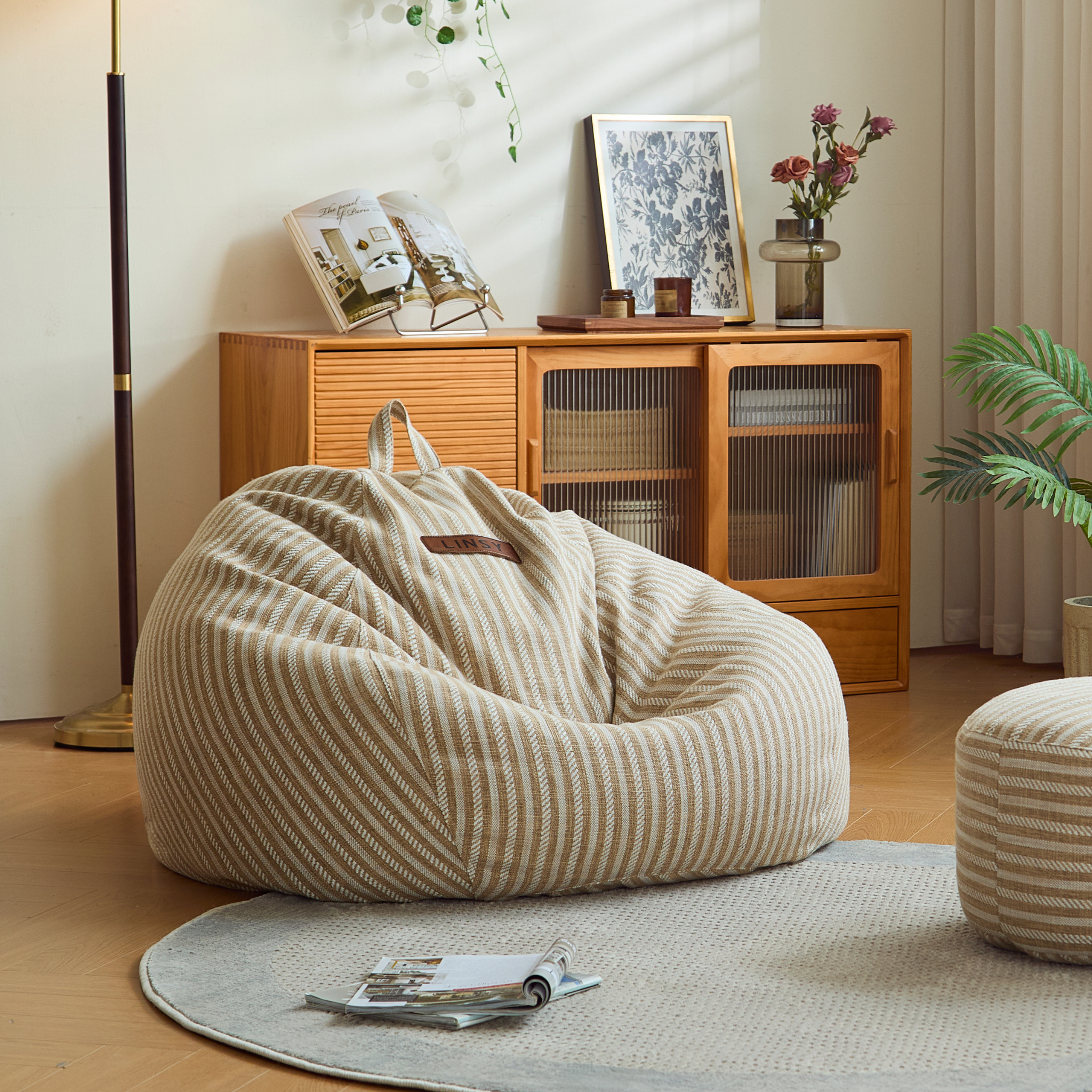Linspire Nest Bean Bag, Fabric, White & Yellow