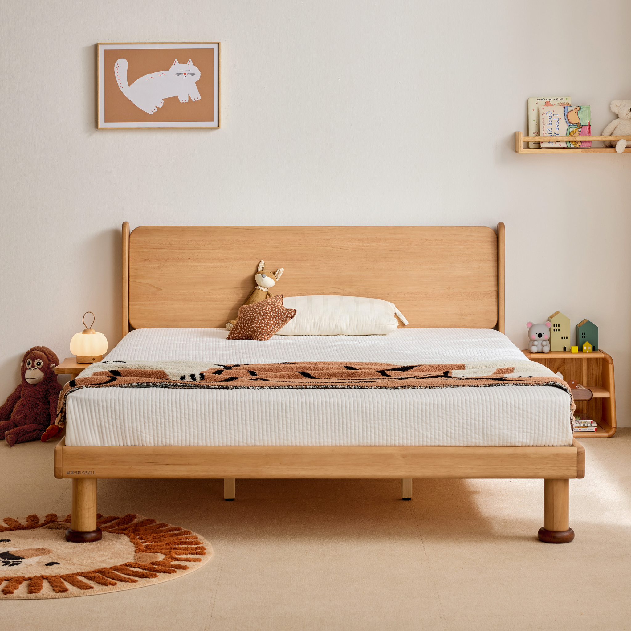 Linspire Sunny Solid Wood Kids Global Double Bed Frame with Bedside Shelf, Natural Wood
