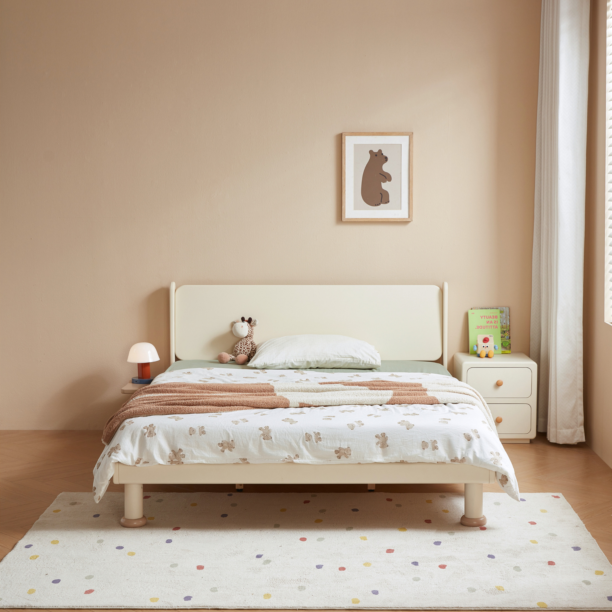 Linspire Sunny Solid Wood Kids Global Double Bed Frame with Bedside Shelf, Creamy White