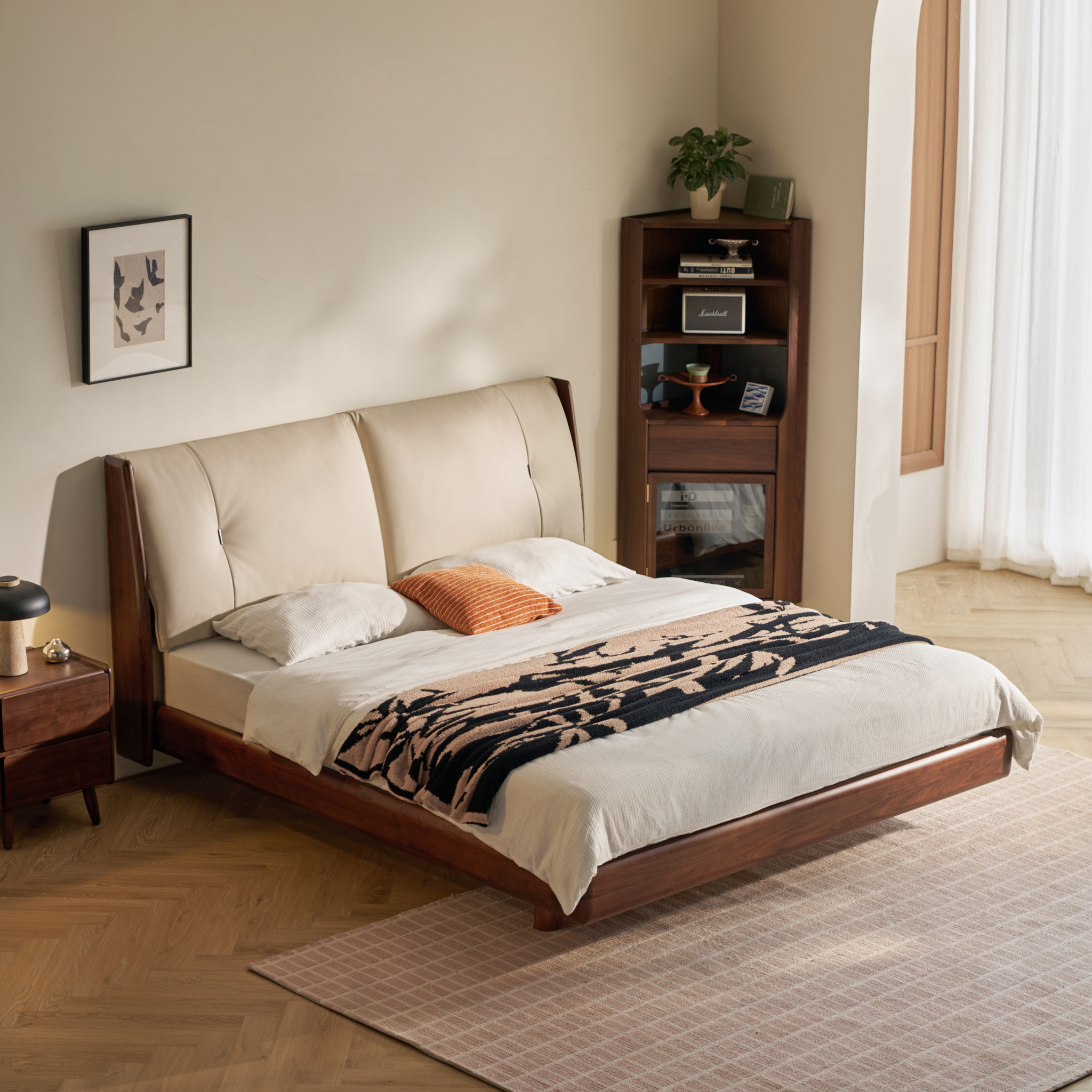 Linspire Vista Solid Wood Global Queen Bed Frame with Leather Headboard, American Black Walnut