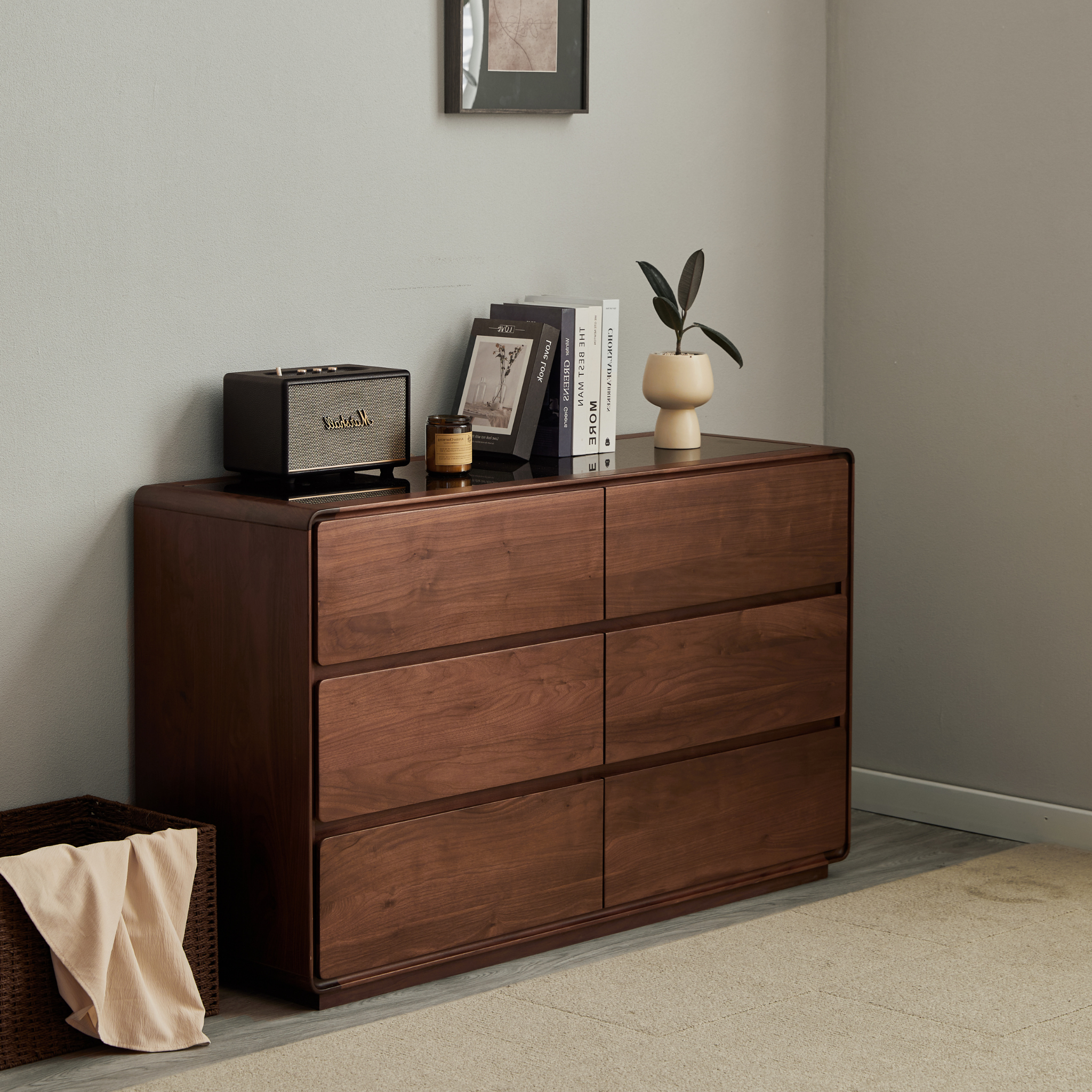 Linspire Vista Solid Wood Chest of 6 Drawers with Glass Top, American Black Walnut