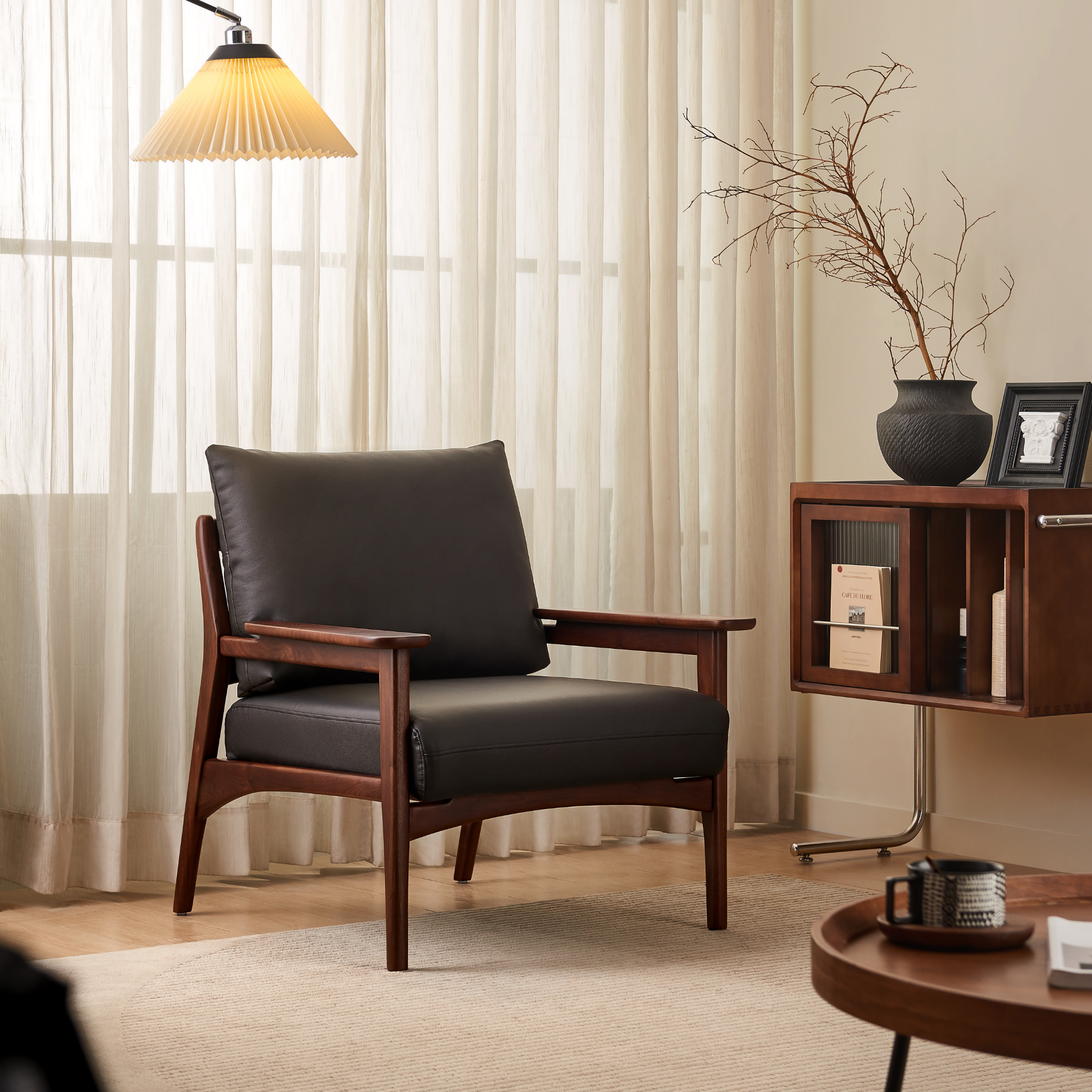Linspire Walden Leather Armchair with Solid Wood Frame, Walnut