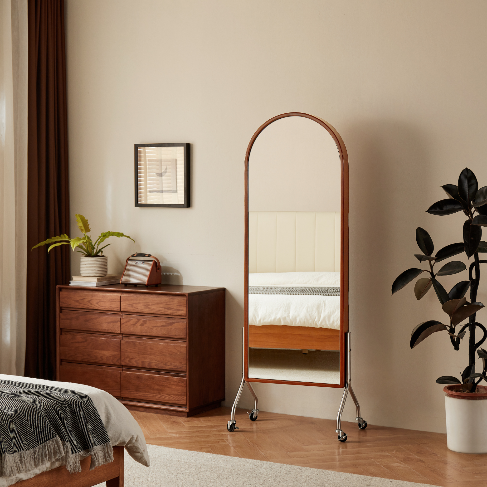 Linspire Walden Solid Wood Mobile Floor Mirror with Storage, Boxwood