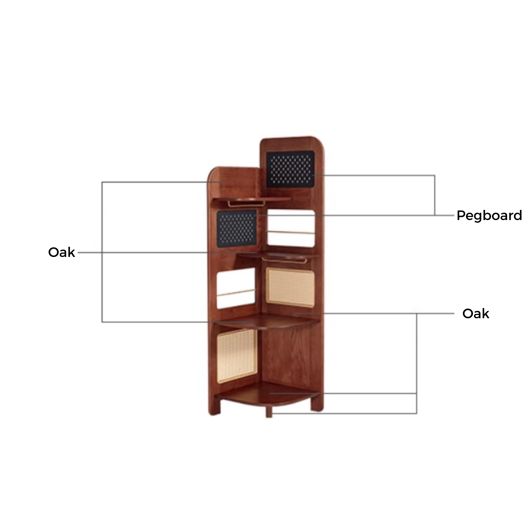 Linspire Walden Solid Wood & Rattan Shelving Unit with Pegboard, Walnut Oak