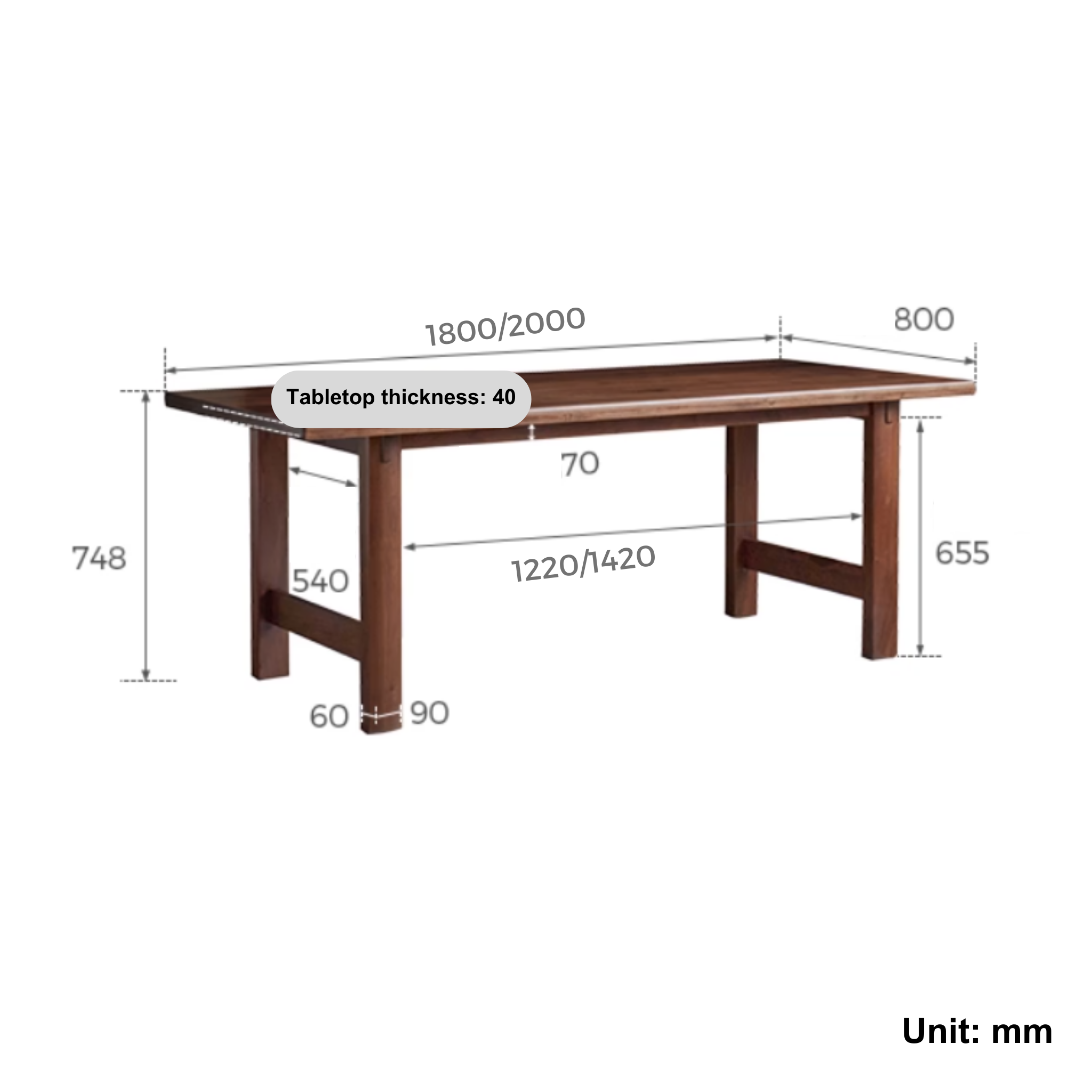 Linspire Vista Solid Wood Dining Table with Trestle Legs, American Black Walnut, W200cm