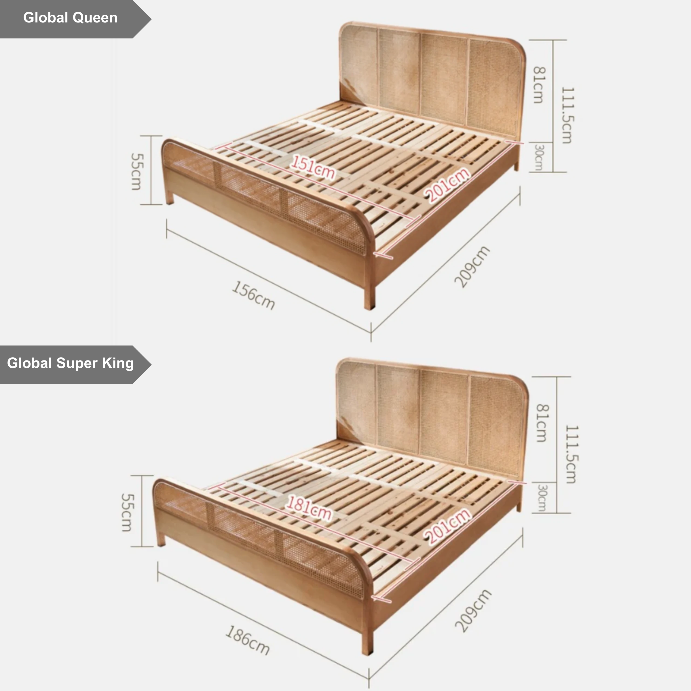 BohoBoho Nessa Solid Wood & Rattan Global Queen Bed Frame