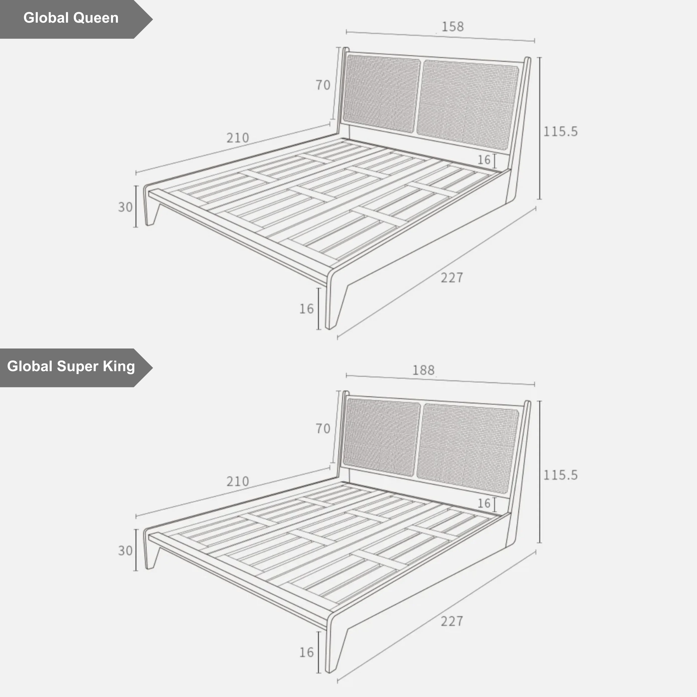 BohoBoho Noir Solid Wood & Rattan Global Queen Bed Frame
