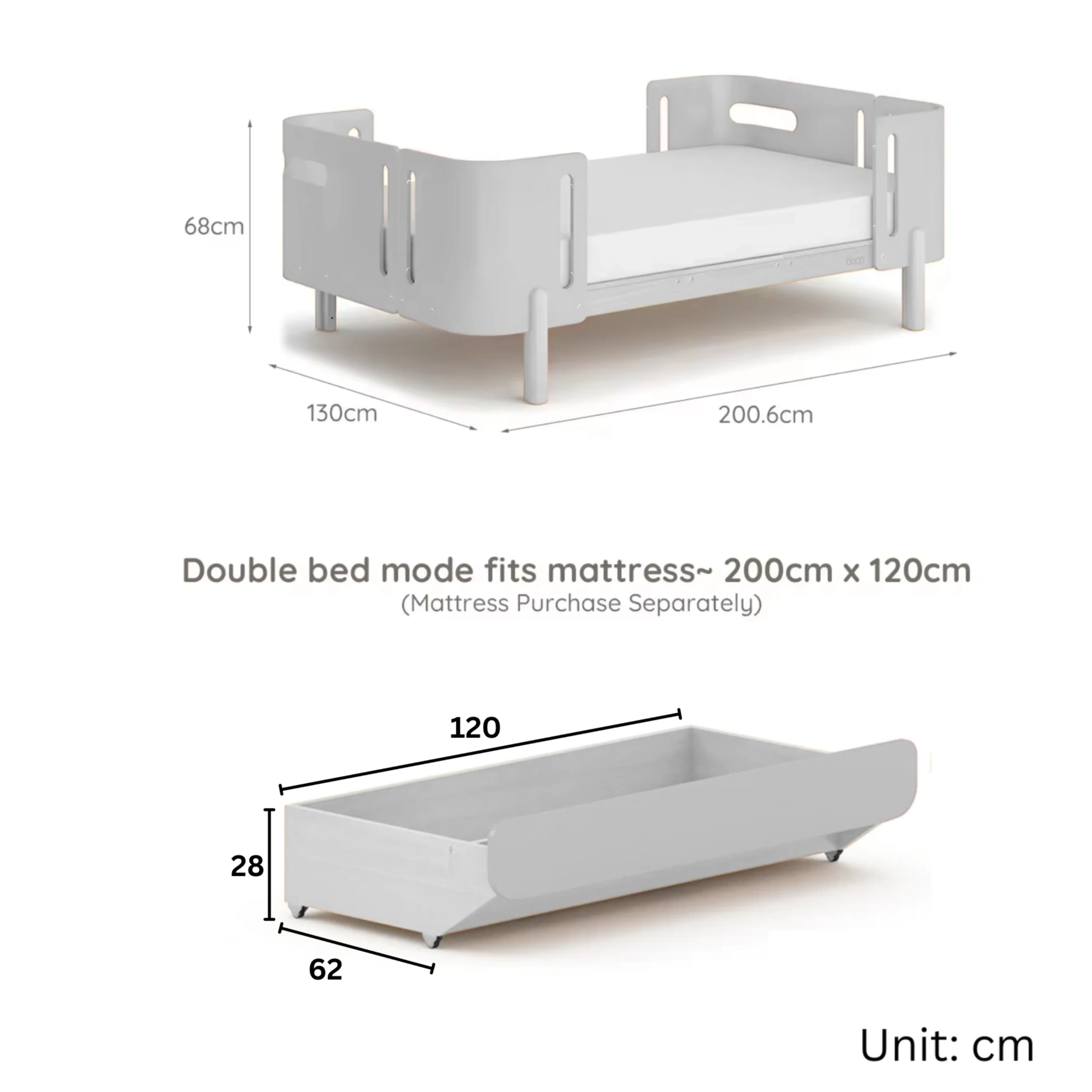 Boori Nova Kids Long Junior Global Double Bed with Drawer, Cherry