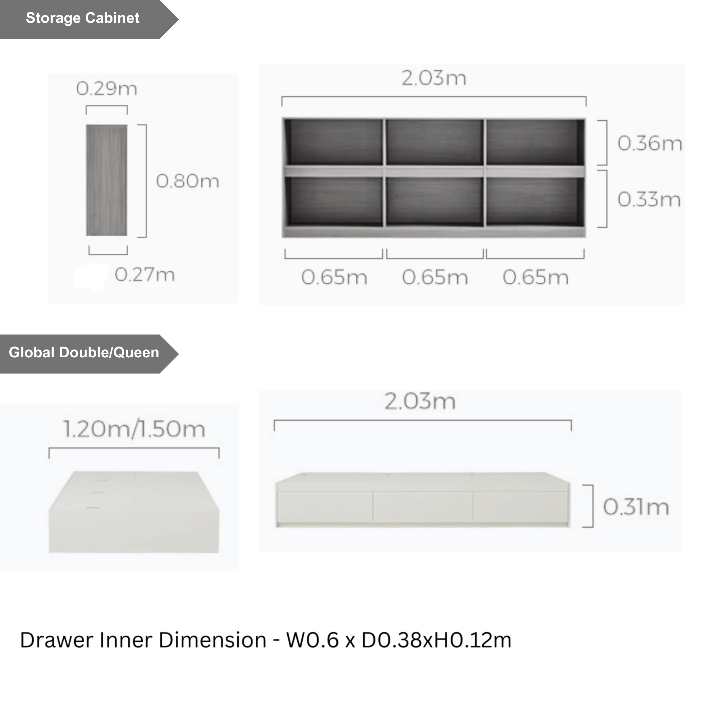 Linspire Lattice Global Double Bed Base with Drawers and Storage Cabinet, Light Grey & Natural Wood