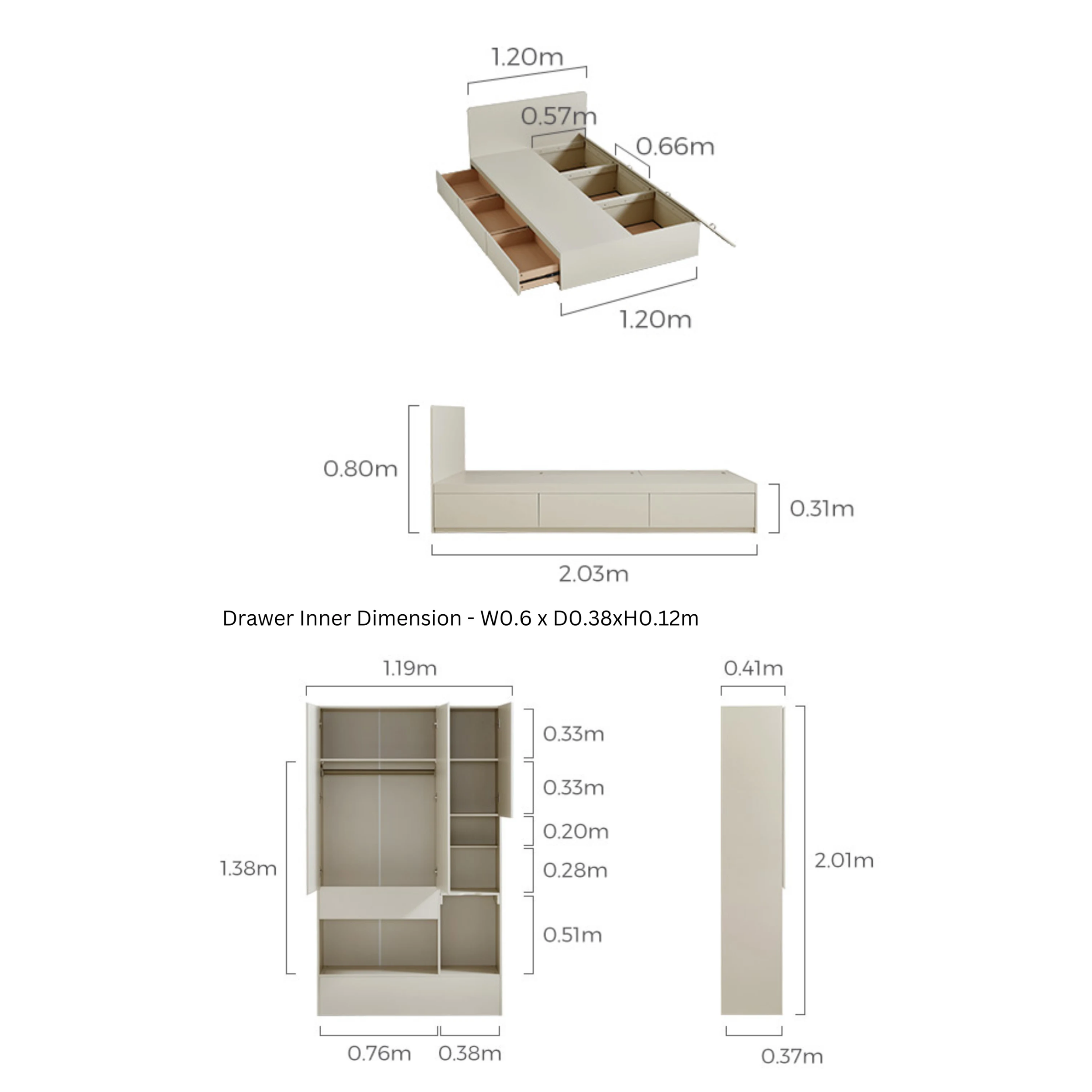 Linspire Lattice Global Double Bed Frame with Drawers and Storage Headboard, 120x243x242cm