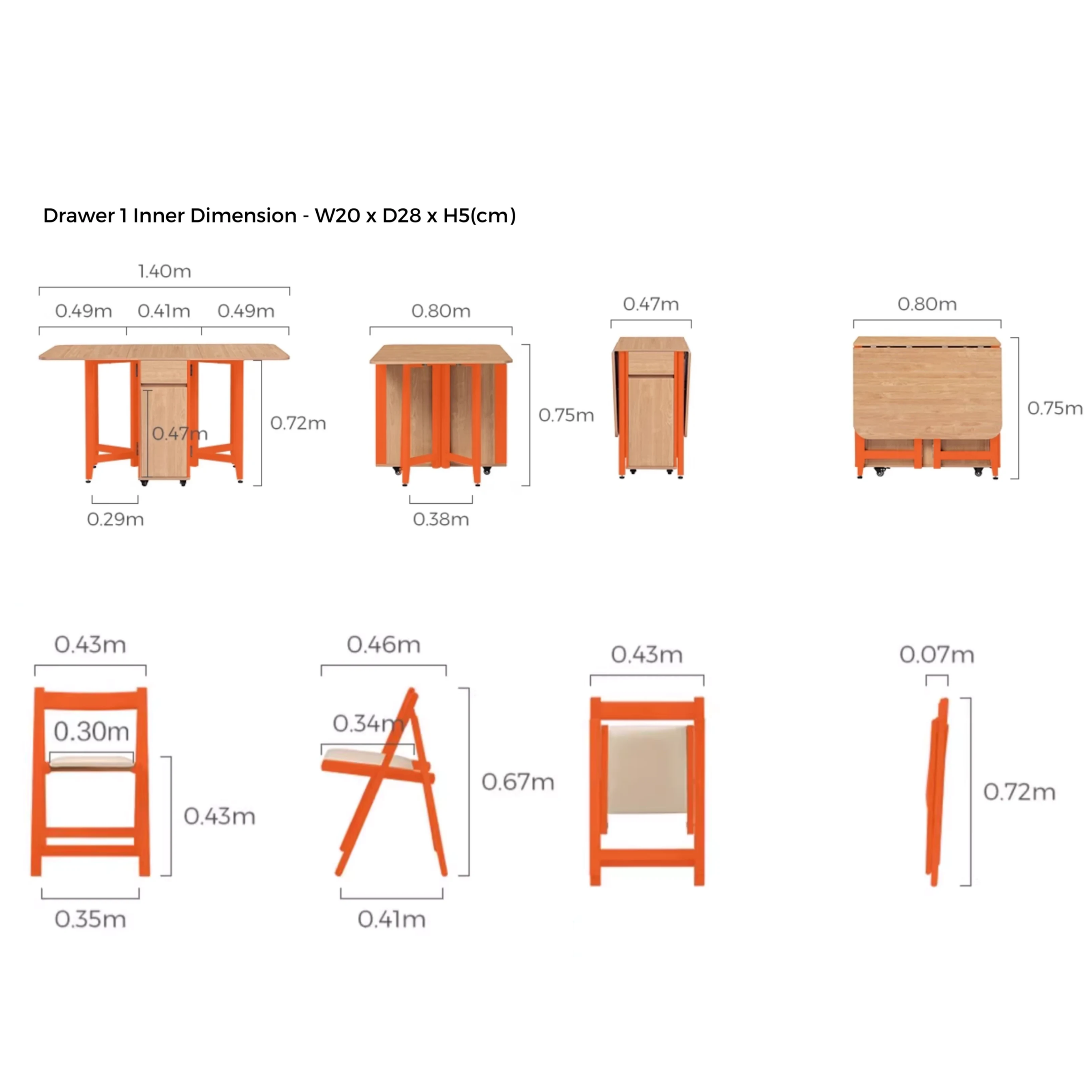 Linspire Yumi Foldable Dining Table & 4 Dining Chairs Set, Natural Wood